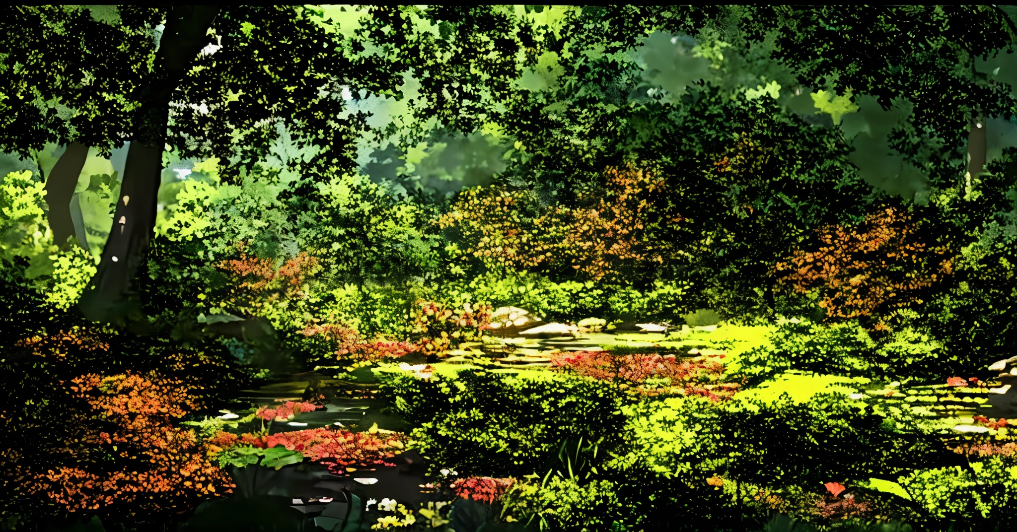 An enchanting forest clearing bathed in the gentle light of a sun-dappled morning. A small, tranquil pond lies at the heart of the scene, its surface partly covered in lily pads and surrounded by stones. Wildflowers in hues of pink, white, and yellow bloom amidst lush greenery, adding splashes of color to the verdant landscape. Slender trees with leaves that filter the sunlight create a pattern of light and shadow on the forest floor, enhancing the feeling of a serene, hidden grove. The air is alive with the soft buzz of nature, suggesting a peaceful retreat from the world.




