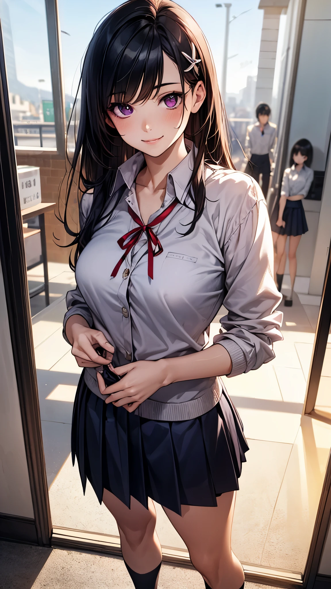 (masterpiece:1.2, top-quality), (realistic, photorealistic:1.4), beautiful illustration, (natural side lighting, movie lighting), , 
(looking at viewer), 1 girl, japanese, high school girl, perfect face, cute and symmetrical face, shiny skin, skinny, 
(long hair, straight hair, black hair), swept bangs, datk purple eyes, drooping eyes, long eye lasher, (large breasts:0.6), five fingers, flower hair ornament, 
beautiful hair, beautiful face, beautiful detailed eyes, beautiful clavicle, beautiful body, beautiful chest, beautiful thighs, beautiful legs, 
((symmetrical clothing, white collared shirts, navy pleated skirt, red neck ribbon)), light grey cardigan, navy socks, 
(beautiful scenery), day time, shopping mall, (lovely smile, upper eyes, sexy pose), 