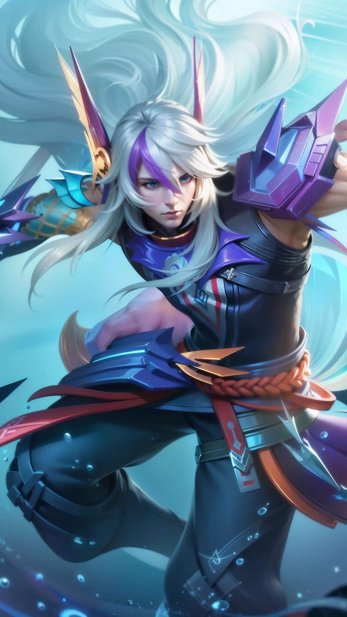 masculine male, masterpiece, ((perfect eyes)) best quality, (semirealism:1.9), beautiful lighting, (extremely detailed CG unity 4k fhd wallpaper), High Detail, Sharp focus, dramatic outdoors, 1 boy ,30 years old, white long hair, blue eyes.