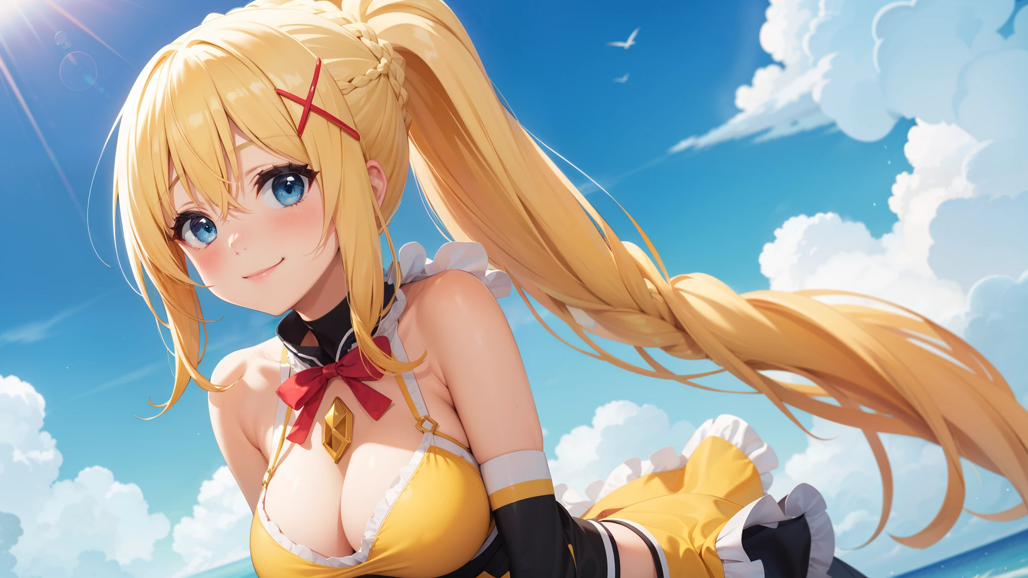 highest quality, High resolution, 1 girl, long hair, blonde hair, x hair ornaments, blue eyes, ponytail, hair ornaments, Braid, \(KonoSuba\), big breasts, upper body, smile, blush, yellow halter bikini, sea background