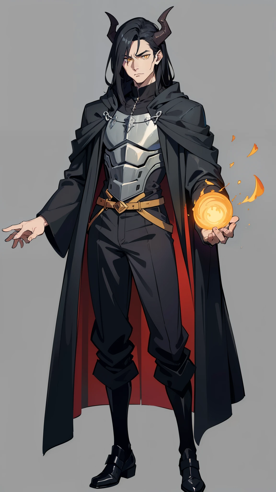 masterpiece, detailed, character, dungeons and dragons character, 1man, human male, ((human Warlock, human demon mage)), (demonic magic), long black hair, handsome face, detailed face, detailed eyes, ((yellow glowing eyes)), ((holding [dragon pet|demon pet:0.5])), ((cast unformed magic energy made of hellfire in hands:1)), (wearing (medieval evil fantasy cloth apparels, (medieval black noble suit, medieval pants, medieval coat), (medieval Sorcerer fantasy outfit)), ((simple background, grey color background))