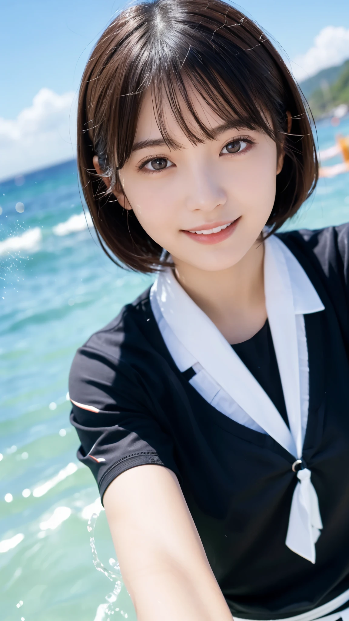 (highest quality,masterpiece:1.3,ultra high resolution),(Super detailed,caustics,8k),(photorealistic:1.4,RAW shooting),(Girls smiling and splashing water on each other),Japanese,18-year-old,cute,black short hair,(big ),School Short Sleeve Uniform,face focus,Face close-up,bust up shot,low position,Low - Angle,clear and beautiful sea,beach,sun,strong sunlight,Lens flare,Natural light,professional writing