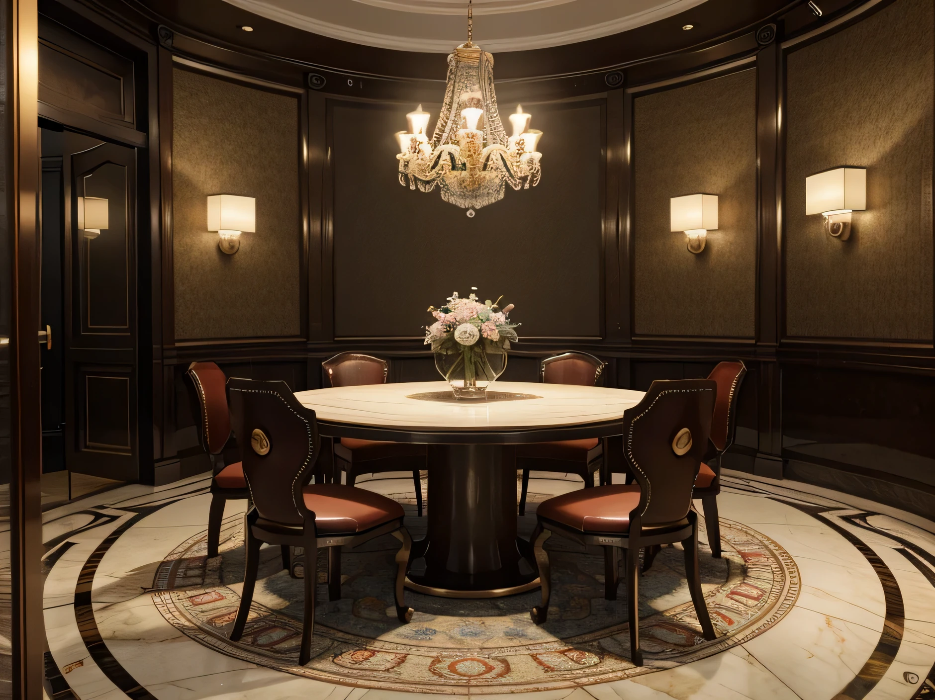 There is a dining room with a table and chairs and a chandelier, sociedade cg 9, futuristic Persian palace, motor irreal cgsociety, Redshift Houdini, futurista. Jogo CG, Unreal Motor Cinema4D, interior cyberpunk ornamentado, 8k symmetrical hyperreal, Rene Lalique e Eddie Mendoza, cinematic unreal 5, cinematic smooth unreal engine