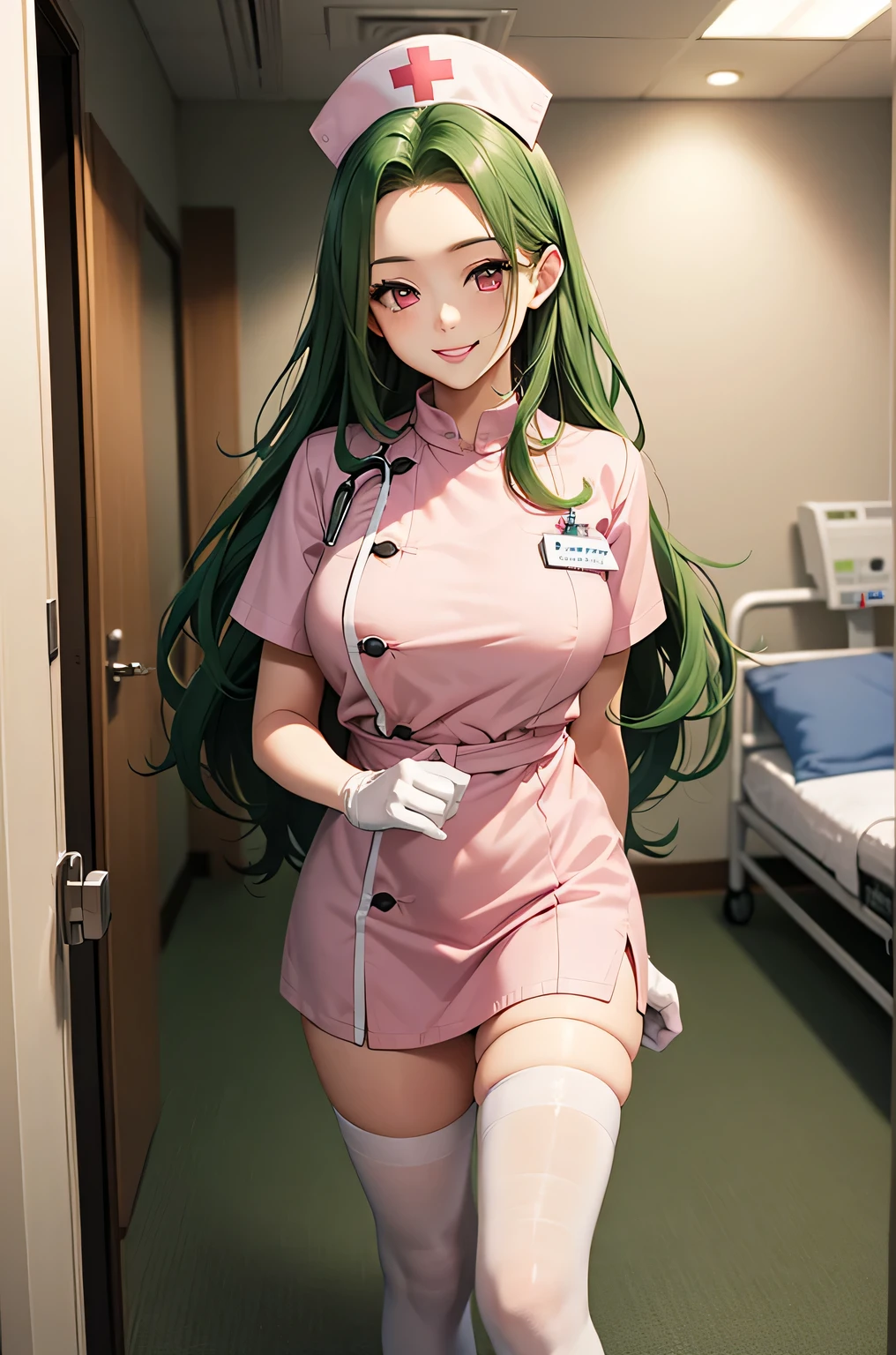 1 female, alone, nurse, nurse cap, Whiteware, ((white legwear, zettai ryouiki)), white gloves, amount, long hair, green hair, pink eyes, pink lips, smile, Are standing, ((hospital room)), sharp outline, short sleeve, mature woman, 35 years old, highest quality, masterpiece