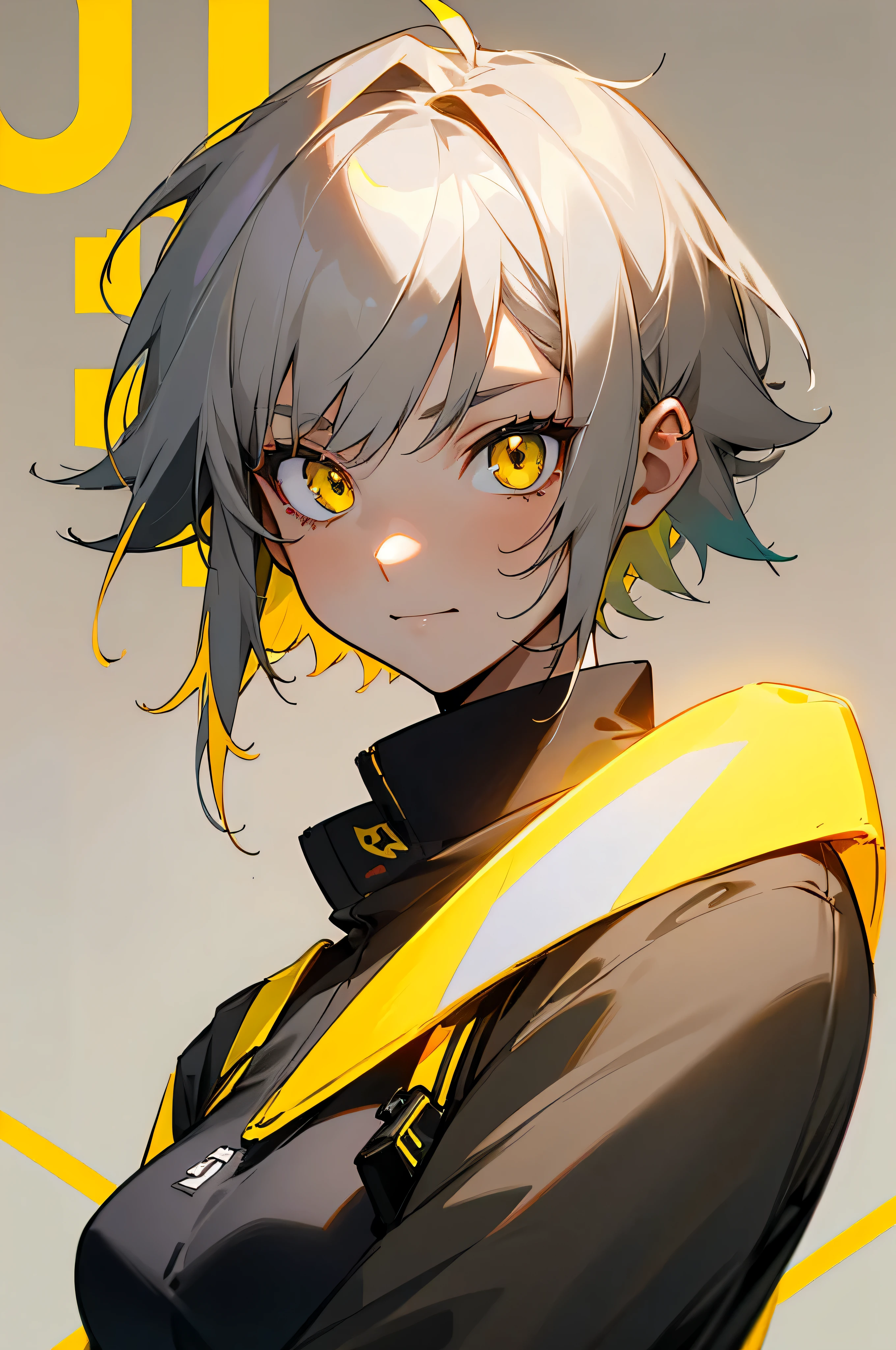 Cover magazine. anime, neon, A woman. Short hair. Gray hair. Tomboy. golden eyes. Yellow eye. Half Body potrait. Upper body. Smile. Casual clothes. Tomboy woman. neon.Unusual hair style. Sad expression. Hurt expression
