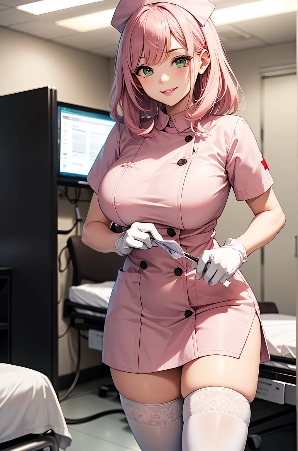 1 female, alone, nurse, nurse cap, Whiteware, ((white legwear, zettai ryouiki)), white gloves, pink hair, green eyes, droopy eyes, pink lips, smile, Are standing, ((hospital room)), sharp outline, short sleeve, mature woman, 32 years old, highest quality, masterpiece