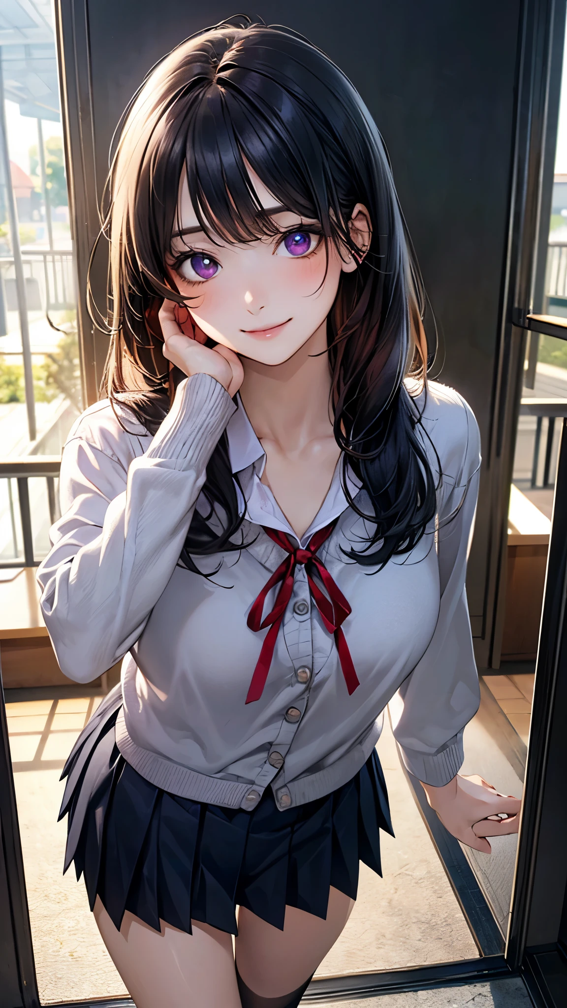(masterpiece:1.2, Highest quality), (Realistic, photoRealistic:1.4), Beautiful illustrations, (Natural Side Lighting, Cinema Lighting), Browsing Caution, 
View your viewers, 1 person, Japanese, high school girl, Perfect Face, Cute and symmetrical face, Glowing Skin, 
(Mid-length hair:1.5, (Both sides up:1.2), Gray purple hair), Hair between the eyes, Slanted Eyes, Purple eyes, Long eyelashes, (Large Breasts), thin, Dark red hair ribbon, 
Beautiful Hair, Beautiful Face, Beautiful attention to detail, Beautiful clavicle, Beautiful body, Beautiful breasts, Beautiful thighs, Beautiful feet, Beautiful fingers, 
((White collared shirt, Grey box pleated mini skirt), Dark red bow tie), 
No background,squat, Tilt your head, (Cute smile, Open the mouse), 