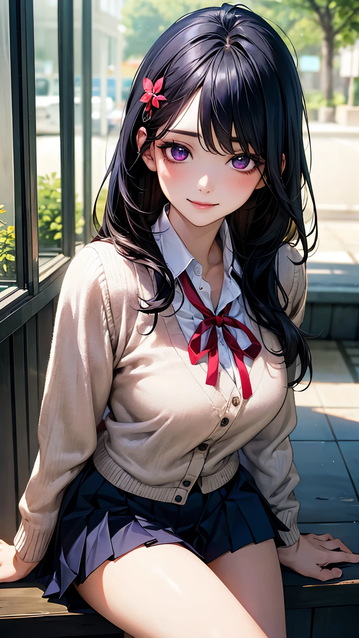 (masterpiece:1.2, top-quality), (realistic, photorealistic:1.4), beautiful illustration, (natural side lighting, movie lighting), , 
(looking at viewer), 1 girl, japanese, high school girl, perfect face, cute and symmetrical face, shiny skin, skinny, 
(long hair, straight hair, black hair), swept bangs, datk purple eyes, drooping eyes, long eye lasher, (large breasts:0.6), five fingers, flower hair ornament, 
beautiful hair, beautiful face, beautiful detailed eyes, beautiful clavicle, beautiful body, beautiful chest, beautiful thighs, beautiful legs, 
((symmetrical clothing, white collared shirts, navy pleated skirt, red neck ribbon)), light grey cardigan, navy socks, 
(beautiful scenery), day time, shopping mall, (lovely smile, upper eyes, sexy pose), 