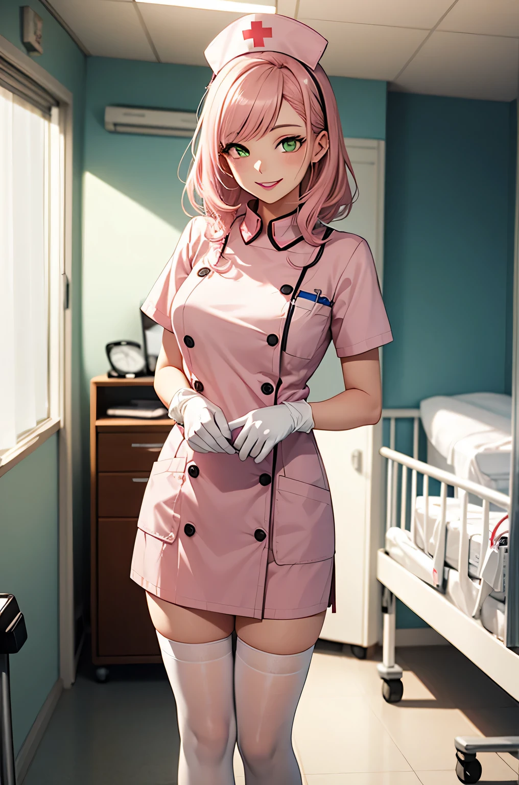 1 female, alone, nurse, nurse cap, Whiteware, ((white legwear, zettai ryouiki)), white gloves, pink hair, green eyes, droopy eyes, pink lips, smile, Are standing, ((hospital room)), sharp outline, short sleeve, mature woman, 32 years old, highest quality, masterpiece