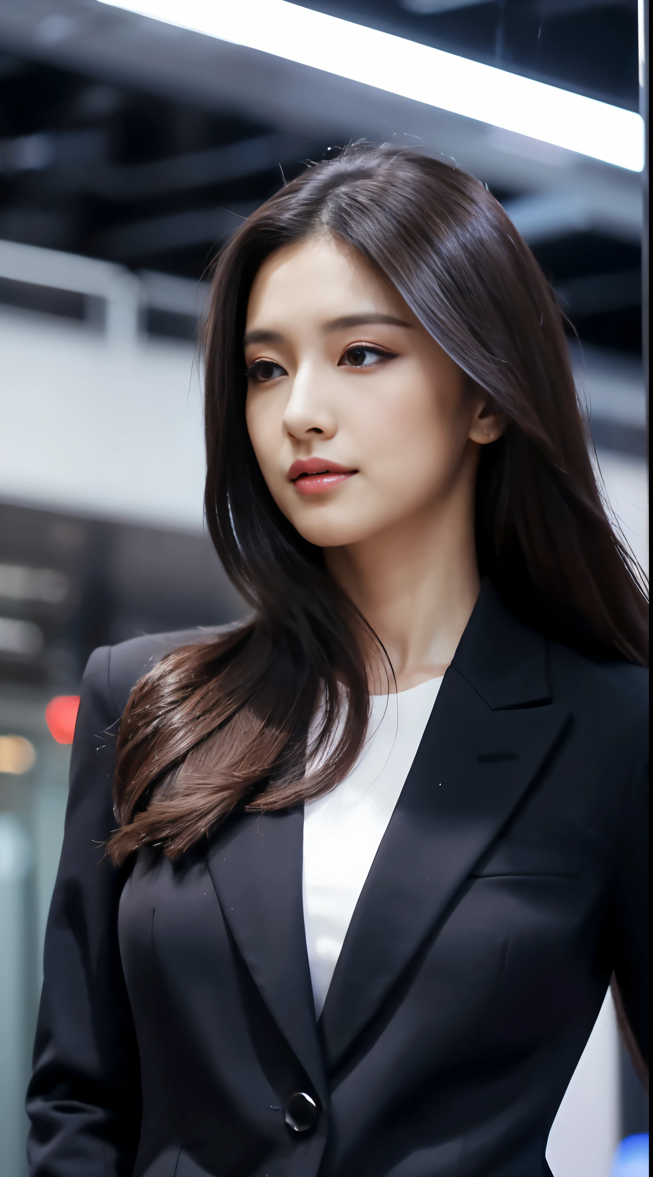 mulher morena de terno, cabelo preto longo e liso, de terno com celular, 1.60 de altura, 70 Quilos