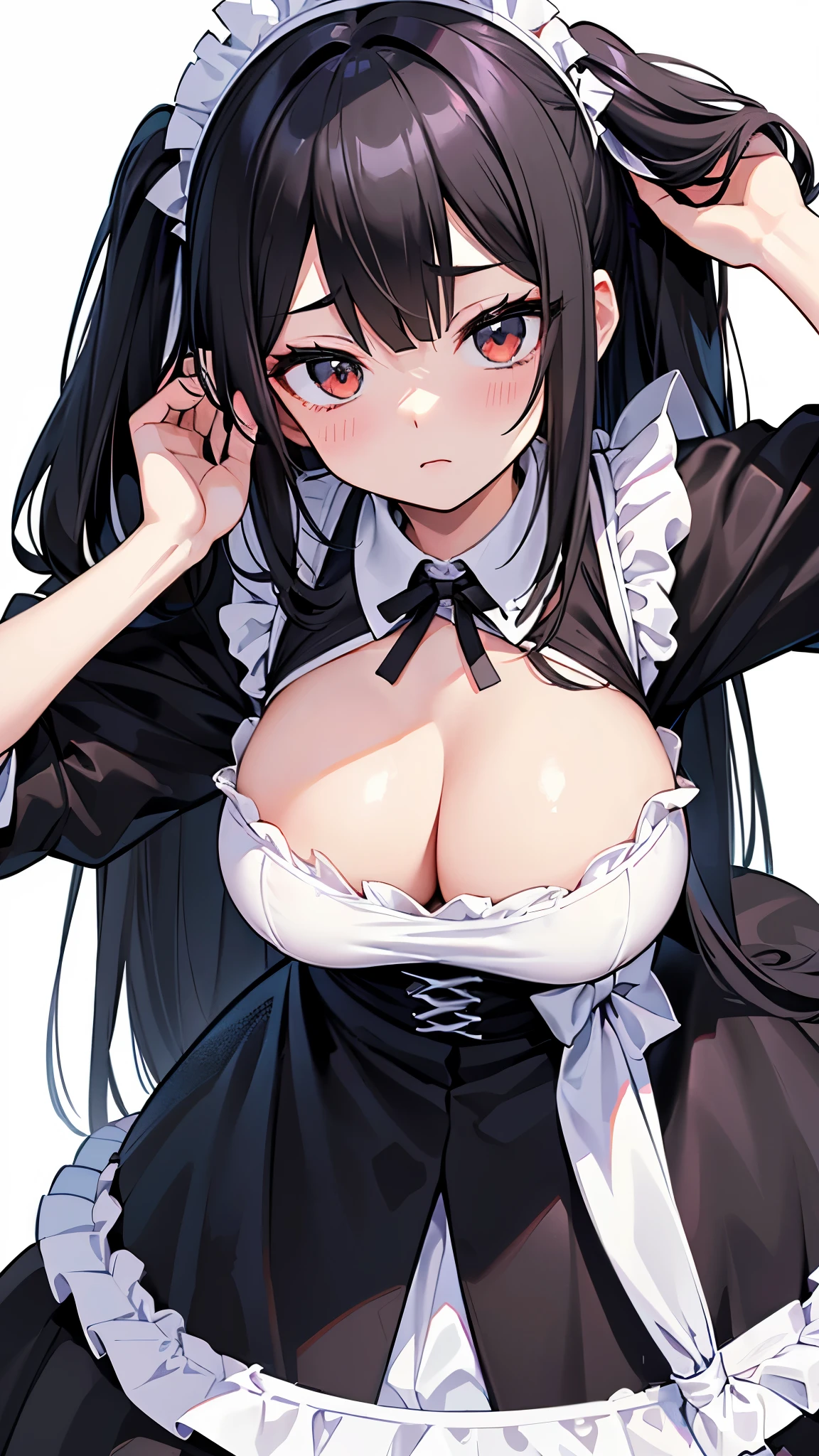 2D Anime Wallpapers,long black hair,girl、maid、Head close-up,Big breasts that are about to burst,cleavage,bad eyes、((Take a photo facing the front))、(Face and body face forward:1.5)、((pure white background))、((white space above my head))