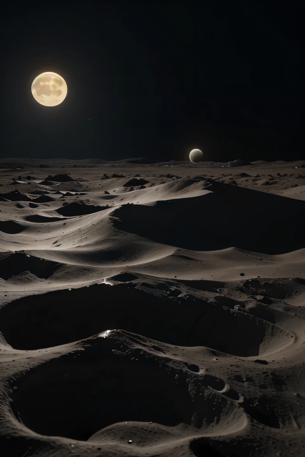Create an artistic representation of the solar system, with emphasis on the moon. Destaque a lua, displaying a clear division between the sunlit half and the shadowed half.
cena geral: Posicione a Terra no centro da imagem, representando o sistema solar.
foco na lua: Realce a lua, making it visually prominent in the composition.
lunar illumination: Certifique-se de que uma metade da lua esteja iluminada pelo sol, while the other half remains in darkness.
Texturas Lunares: Highlight the features of the lunar surface, como crateras e paisagens, To create an authentic representation.
Space Scenario: Adicione um fundo espacial envolvente para situar a lua no contexto do sistema solar.
Por favor, concentre-se em transmitir a dualidade entre luz e sombra na lua, providing a visually attractive and balanced representation. Use your creativity to capture the unique beauty of the Moon in relation to the rest of the solar system. Obrigado