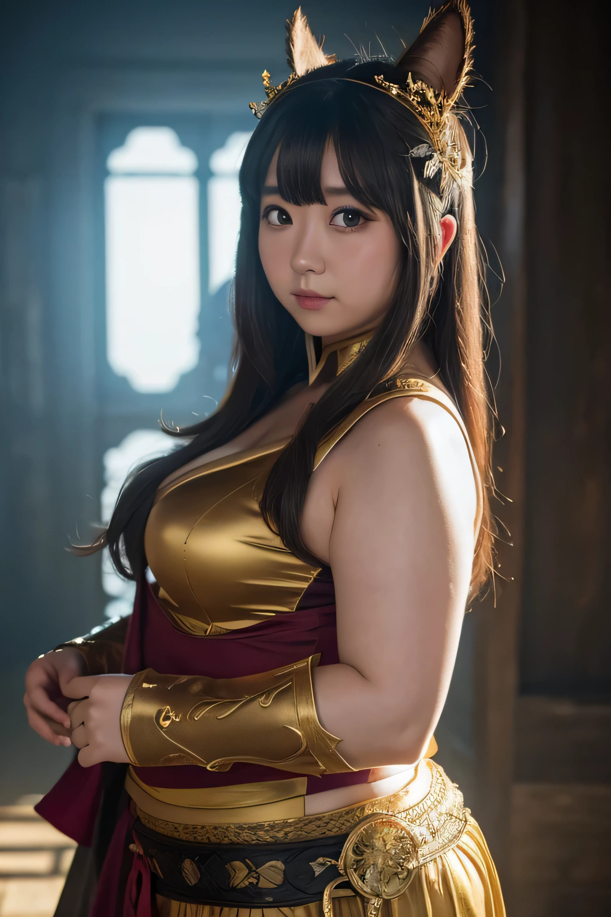 1 female, Overweight, fantasy costume, extremely fat, Chubby, Japanese, 4K, High resolution, masterpiece, highest quality, fine skin, sharp focus, (cinematic lighting)