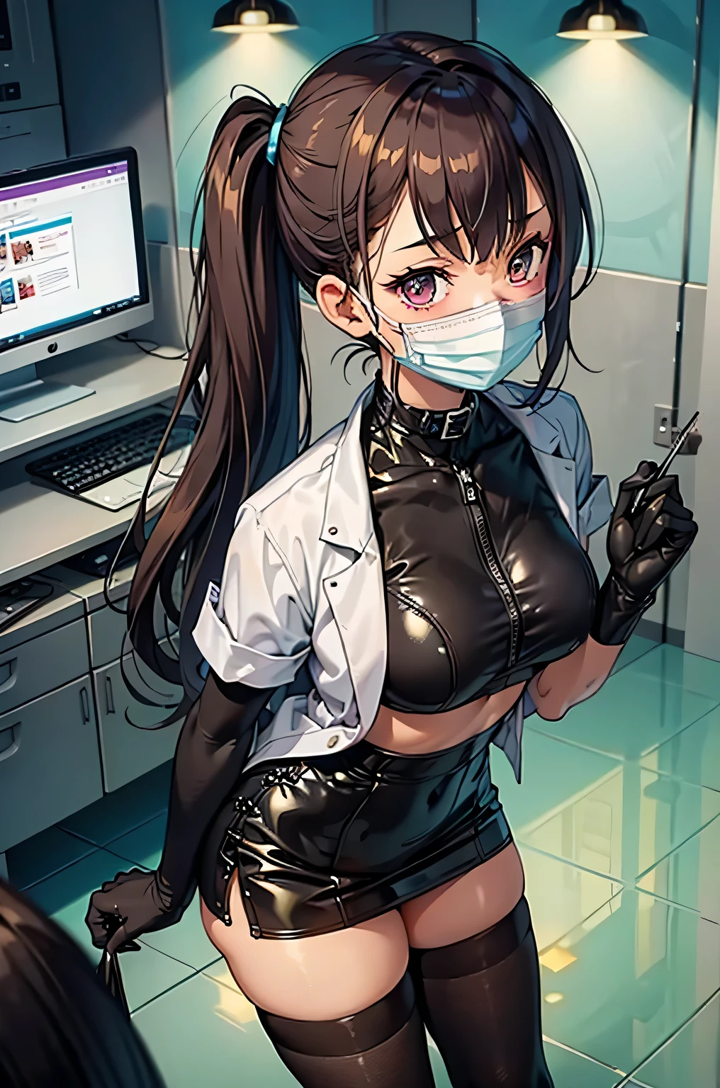 black nurse, 1 girl, alone, black nurse cap, Black Wear, ((black legwear, zettai ryouiki)), black elbow gloves, twin tails, yellow hair, purple eyes, ((Black surgical mask, Covered nose)), Are standing, ((operating room)), sharp outline, short sleeve, highest quality, masterpiece