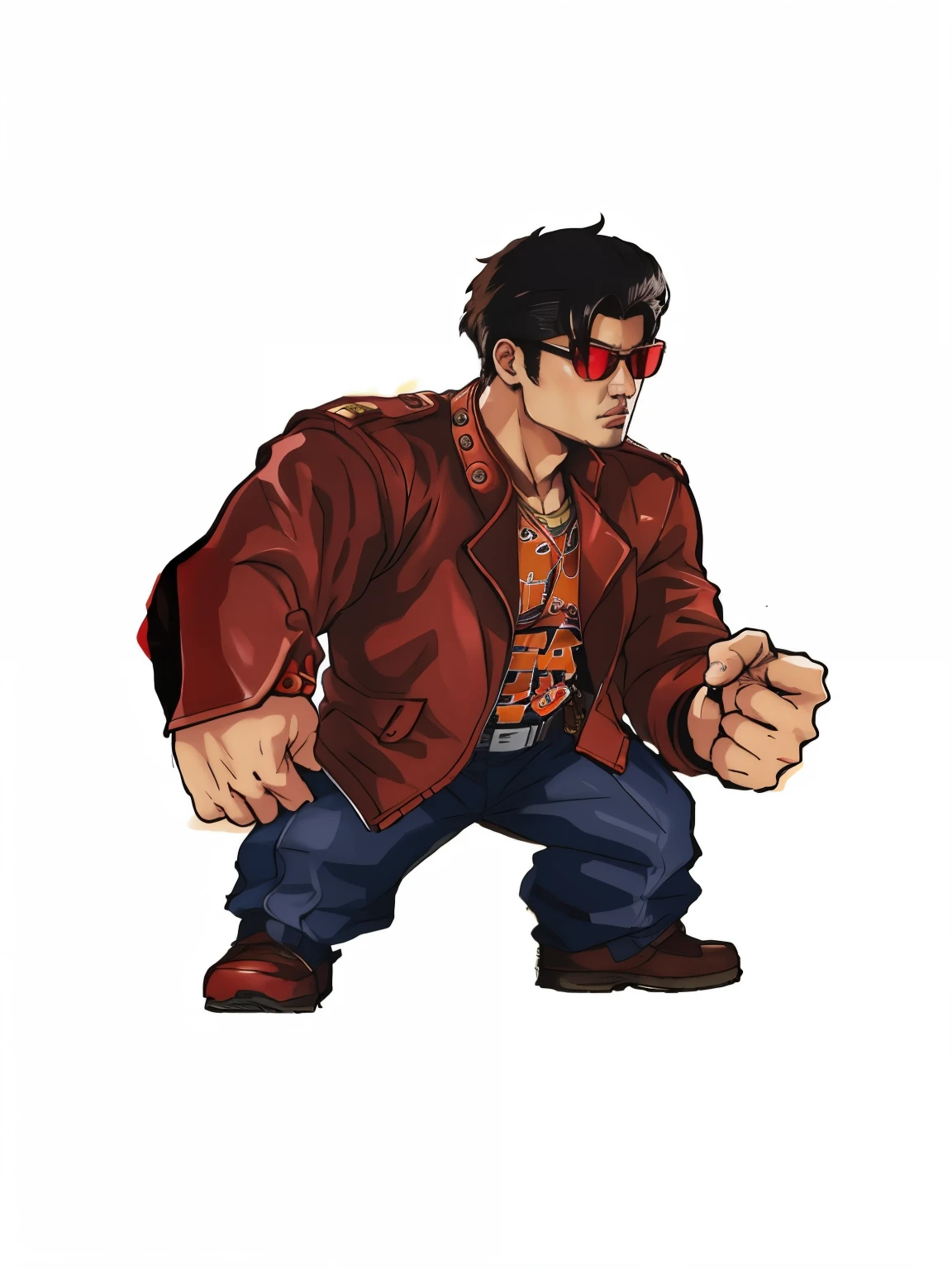 One wears a red jacket、Cartoon of man fisting, bucky style, As a character in Tekken, 鸟山明风格, Characters in The King of Fighters, fighting game characters, bucky the grappler, GTA Chinatown art style, bucky, Duke Nukem art style, Akira style illustration, unrealistic character concept, fighting stance