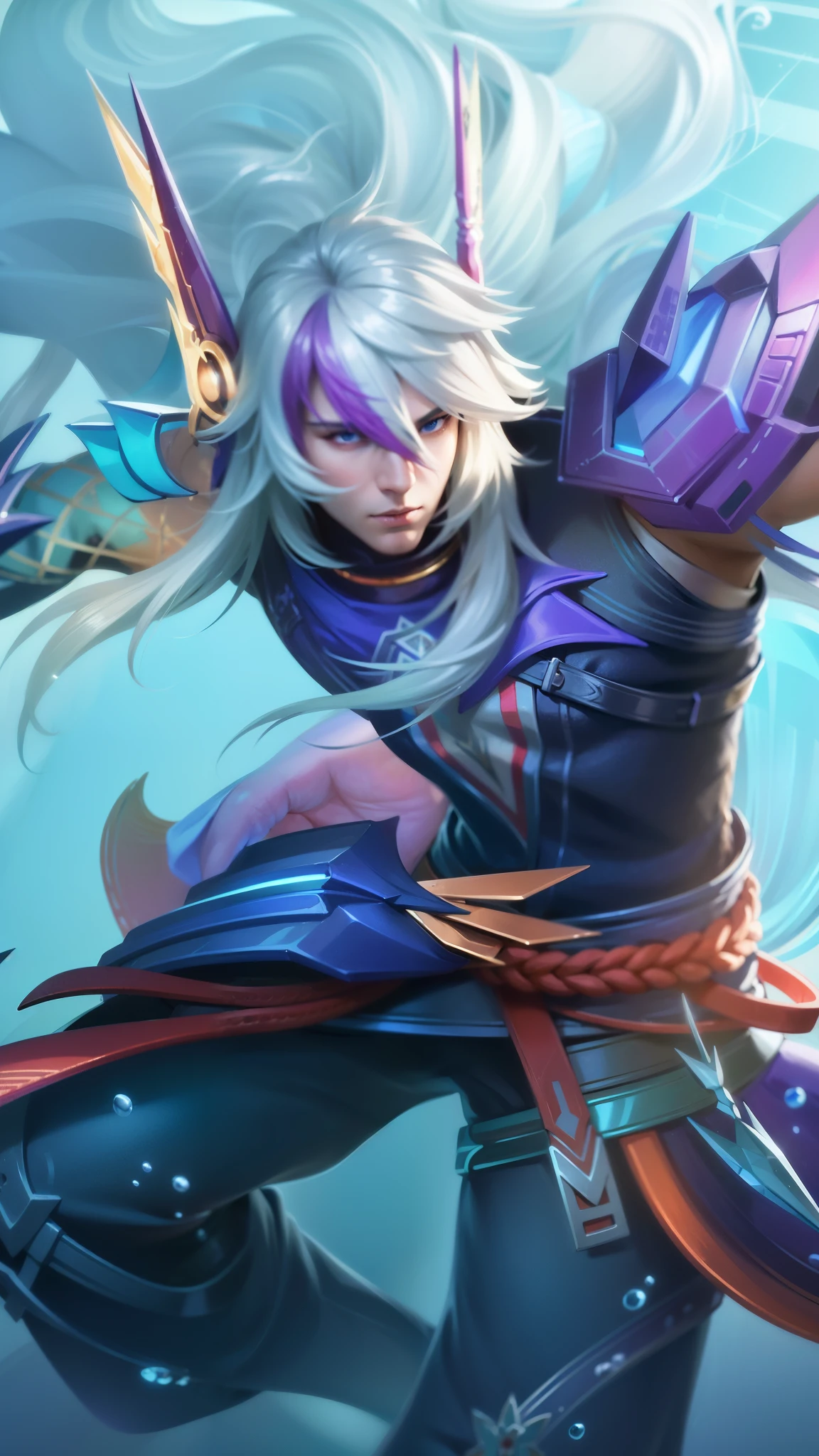 masculine male, masterpiece, ((perfect eyes)) best quality, (semirealism:1.9), beautiful lighting, (extremely detailed CG unity 4k fhd wallpaper), High Detail, Sharp focus, dramatic outdoors, 1 boy ,30 years old, white long hair, blue eyes.