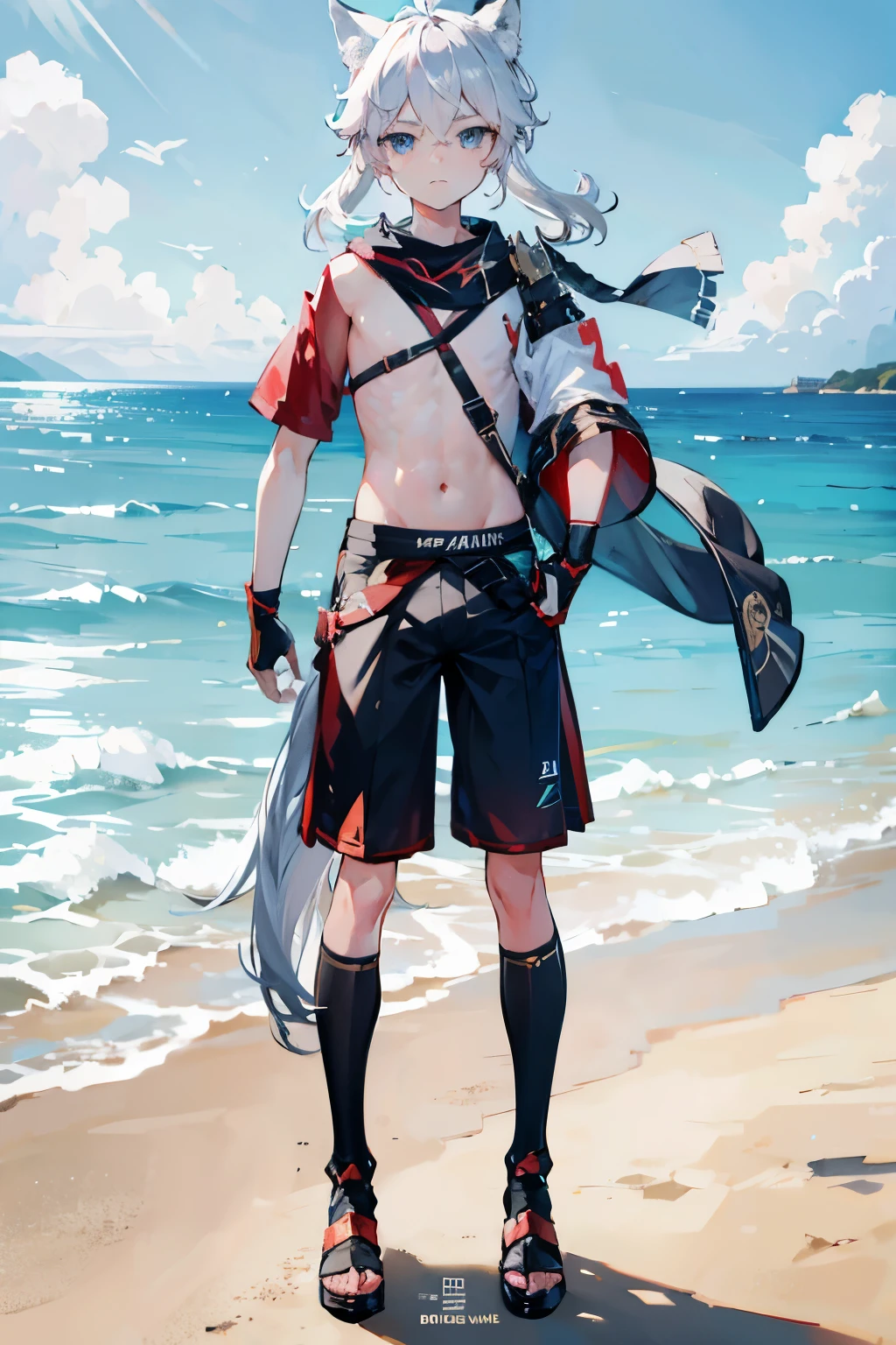 Create the image of a boy locked in a cage. He dresses in a white shirt, suspenders and black shorts with white stripes.