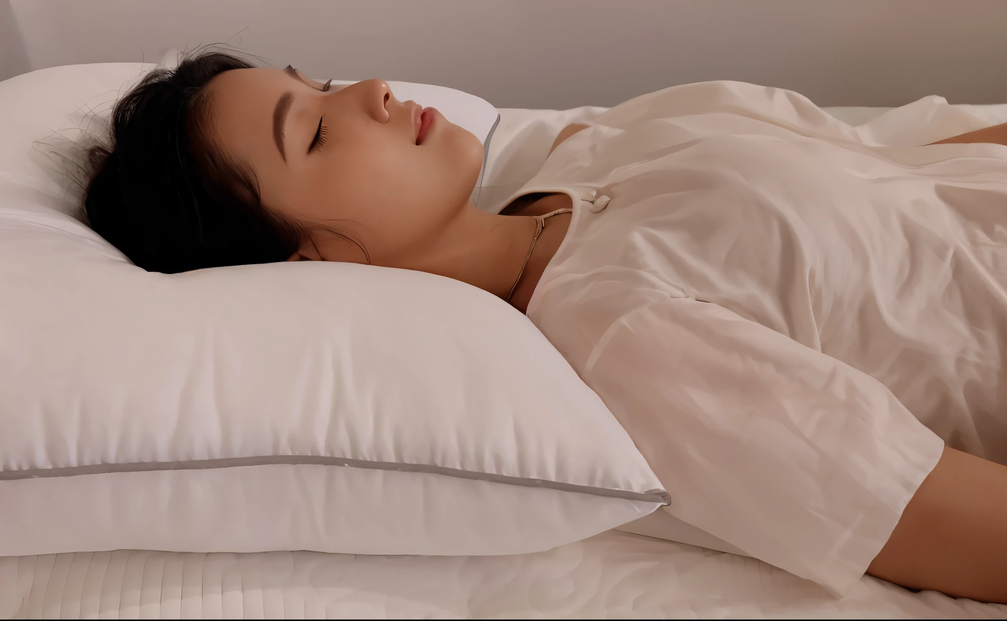 （In reality， high resolution：1.3, masterpiece, 8K, best quality, ultra detailed, studio shoot, photo realistic:1.4, photography ）,
((Korean girl is lying with her eyes closed in her pajamas)),((Dark Brown Hair)), Perfect Body Beauty: 1.4, Slim Abs: 1.1, very beautiful face, realistic eyes, Ultra-Detailed Face, Detailed Lips, normal hand, glossy lips, glossy face, simple background
