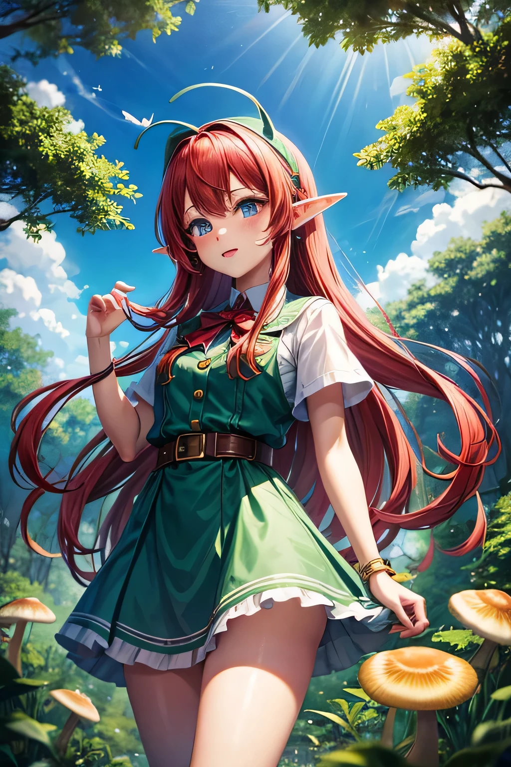 Anime girl, elf ears, red hair, chibi, in the forest, mushrooms, butterflies