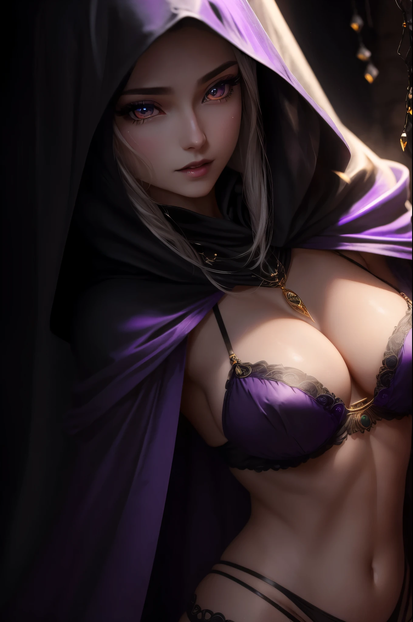 8K,超realistic,(table top, highest quality) Daniela Dimitrescu, 1 female, gray hair,Super beautiful(like the real thing),looking for at Viewer, open your mouth, blonde hair, background, cleavage, skin that looks real,jewelry, Medium Small Breasted, underwear, looking for, Upper body, flower, wing, teeth and fangs, hood, necklace, cape, good, compensate, bug, lipstick, inside the black cave, precious stones, white skin, veil, hood up, realistic, black lips,ultra high resolution,Purple Flame(Purple effect),very big breasts,rich colors, Backlight, cinematic lighting, film grain, to be born, 50mm lens, Nikon D850,realistic skin,golden eyes,highest qualityのフォトリアリスティックなRAW写真。Bright colors,perfect woman image,Close-up,