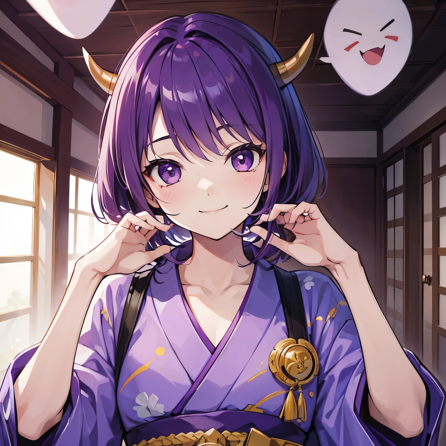 (T Masterpiece，4k wallpaper，best quality))、((girl１people))、(solo)、Brilliant，(purple hair)、(shortcut:1.3)、smile、setsubun、ghost、Japanese style room