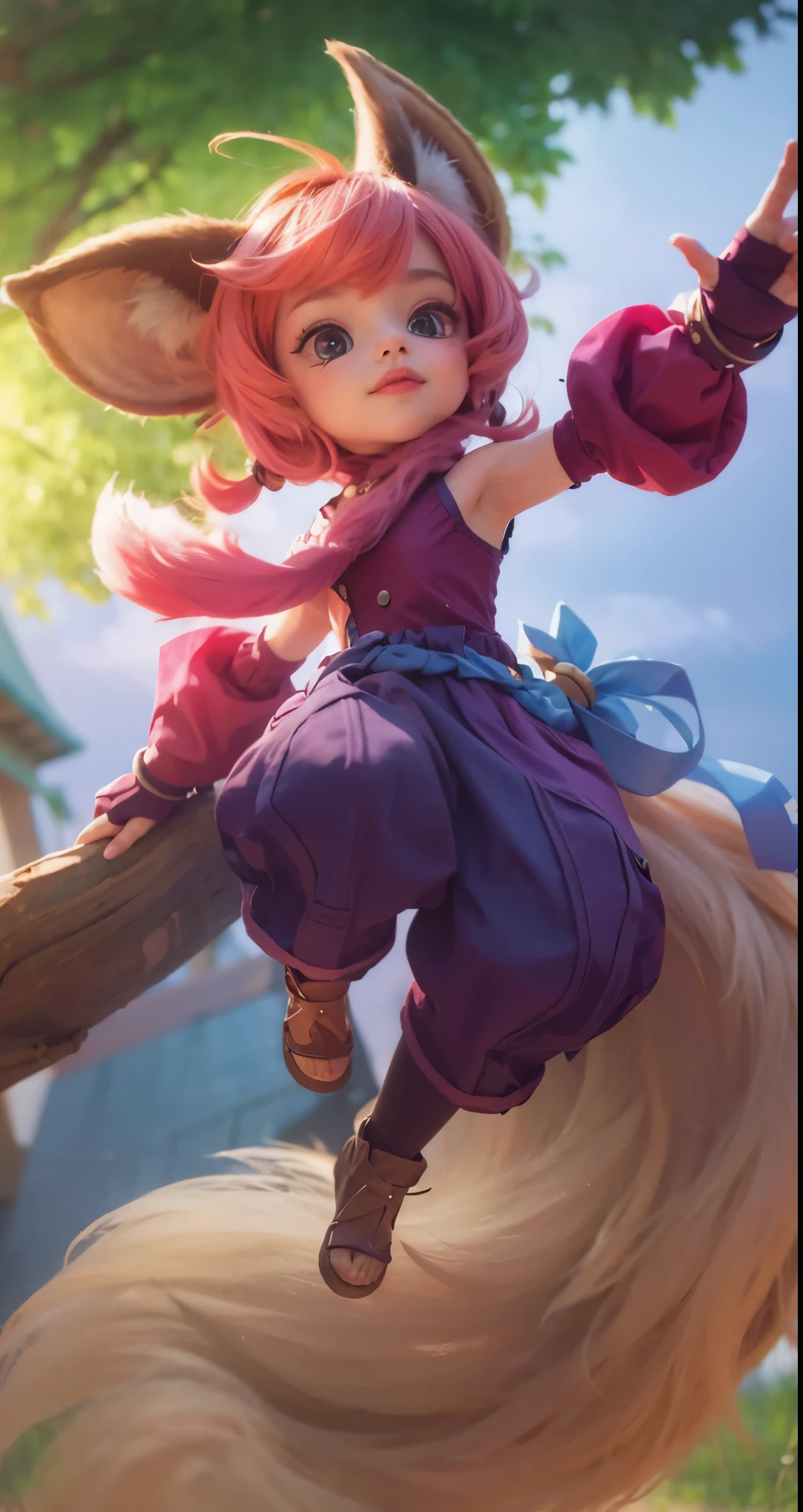 Real life adaption of this character, kids beauty face, realistic same hair, realistic same outfit,holdinga big boomerang,Has realistic big tail and furry, realistic light,realistic shadow, realism, hyper realistic, (photorealistic 1:2)