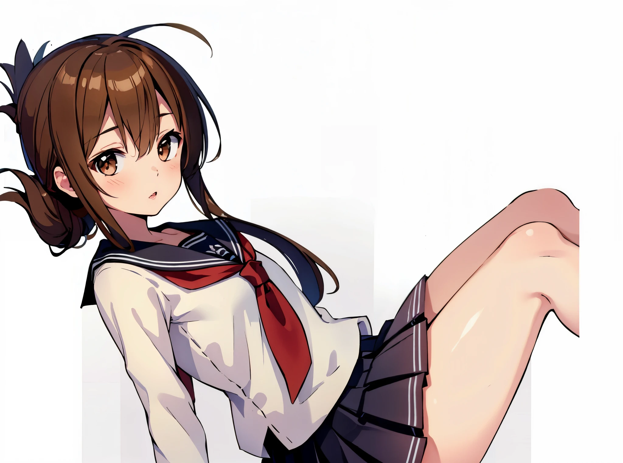(masterpiece, best quality:1.2),illustration,8k,hd,1girl,solo,upper body,(portrait:1.2),brown_hair,folded_ponytail,brown_eyes,serafuku,long_hair,school_uniform,skirt,pleated_skirt,