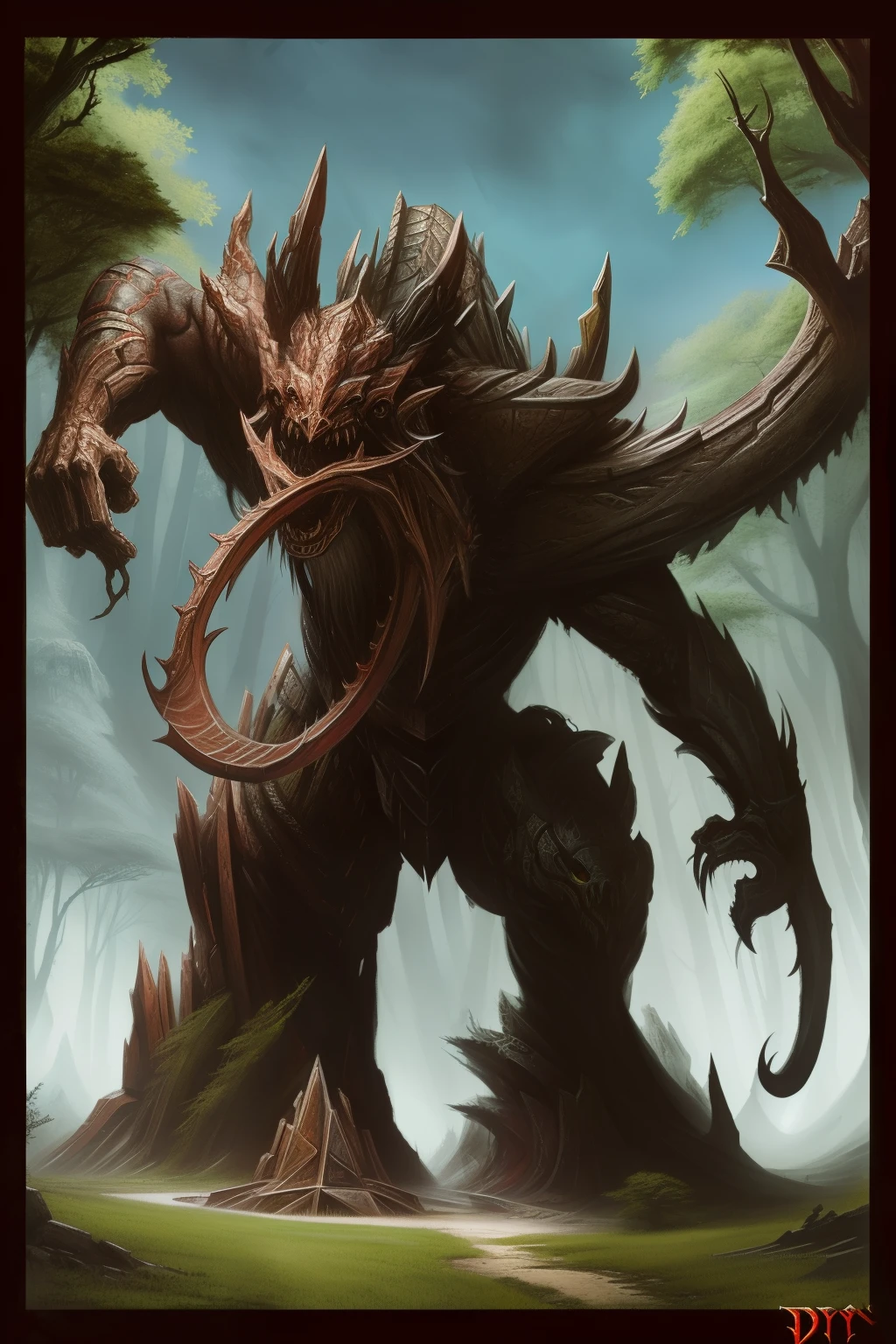 giant with red eyes in the forest２Close-up of a two-headed monster, Monster Concept Art, Roshan, epic fantasy card game art, by Słavomir Maniac, tyler edlin fantasy art, treant, Zgok. 8K HD resolution, by Arthur Pan, creature concept art, fantasy card game art, Eldritch Abomination