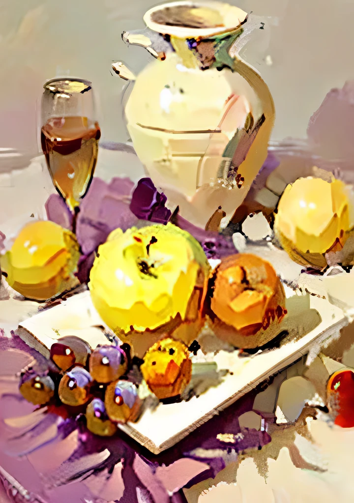 masterpiece,best quality,bread,apple,Grape,brush strokes,six-color dishes,no humans,  