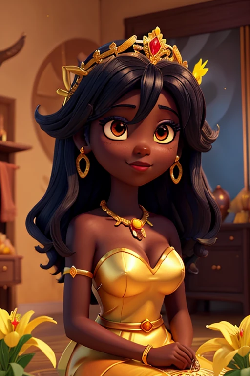 a Queen of the Sun,
dark-skinned female goddess of love,
with a golden yellow dress,
long black hair,
trembling, long eyelashes, solid circular eyes,
light sensual smile,
red full lips,
voluminous breasts,
sitting on a riverbank,
looking in a mirror,
picking lilies,
covered in lilies,
afrofuturism
, epic 3d, oshun, goddess of flowers, a stunning portrait of a goddess, surrealism, drop shadow, anaglyph, stereogram, tachi-e, pov, atmospheric perspective, 8k, super detail, accurate, best quality