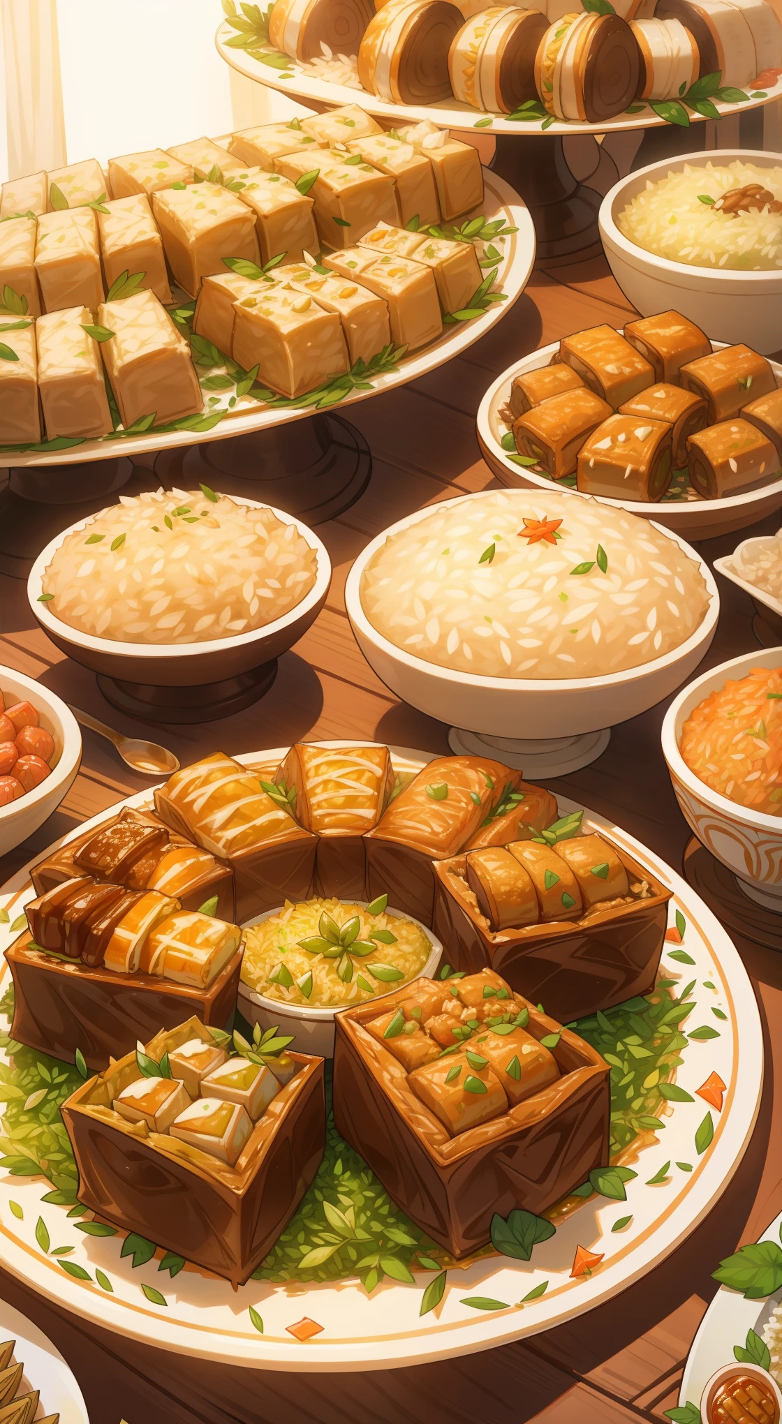 Illustrate a lavish spread of delicious Eid delicacies, including succulent lamb or goat dishes, aromatic rice, and an array of delectable sweets like baklava and ma'amoul.
