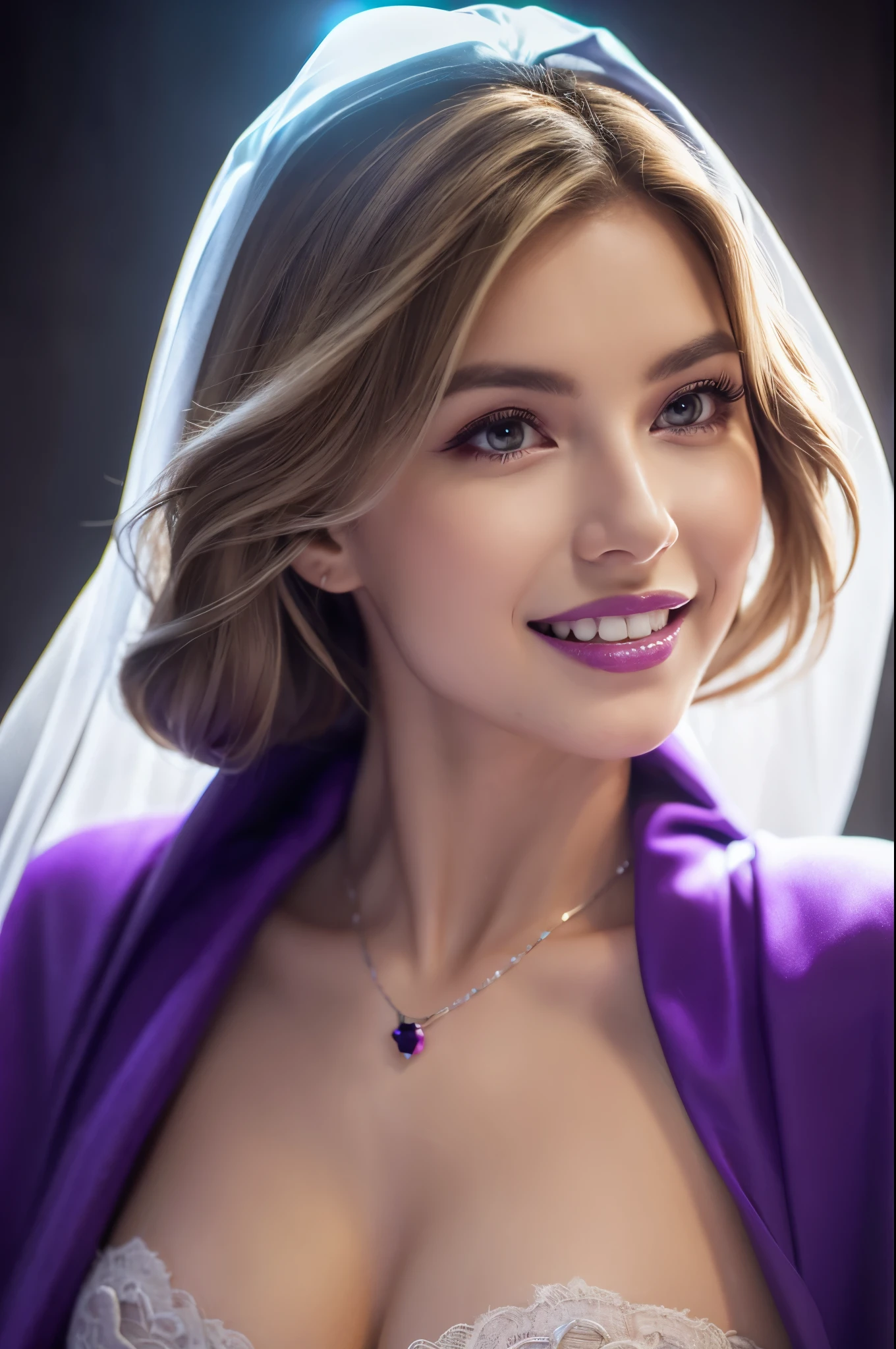 8K,超realistic,(table top, highest quality) Daniela Dimitrescu, 1 female, gray hair,Super beautiful(like the real thing),looking for at Viewer, open your mouth, blonde hair, background,very big breasts,crazy smile, cleavage, skin that looks real,jewelry, Medium Small Breasted, underwear, looking for, Upper body, flower, wing, teeth and fangs, hood, necklace, cape, good, compensate, bug, lipstick, inside the black cave, precious stones, white skin, veil, hood up, realistic, black lips,ultra high resolution,Purple Flame(Purple effect),very big breasts,rich colors, Backlight, cinematic lighting, film grain, to be born, 50mm lens, Nikon D850,realistic skin,golden eyes,highest qualityのフォトリアリスティックなRAW写真。Bright colors,perfect woman image,Close-up,
