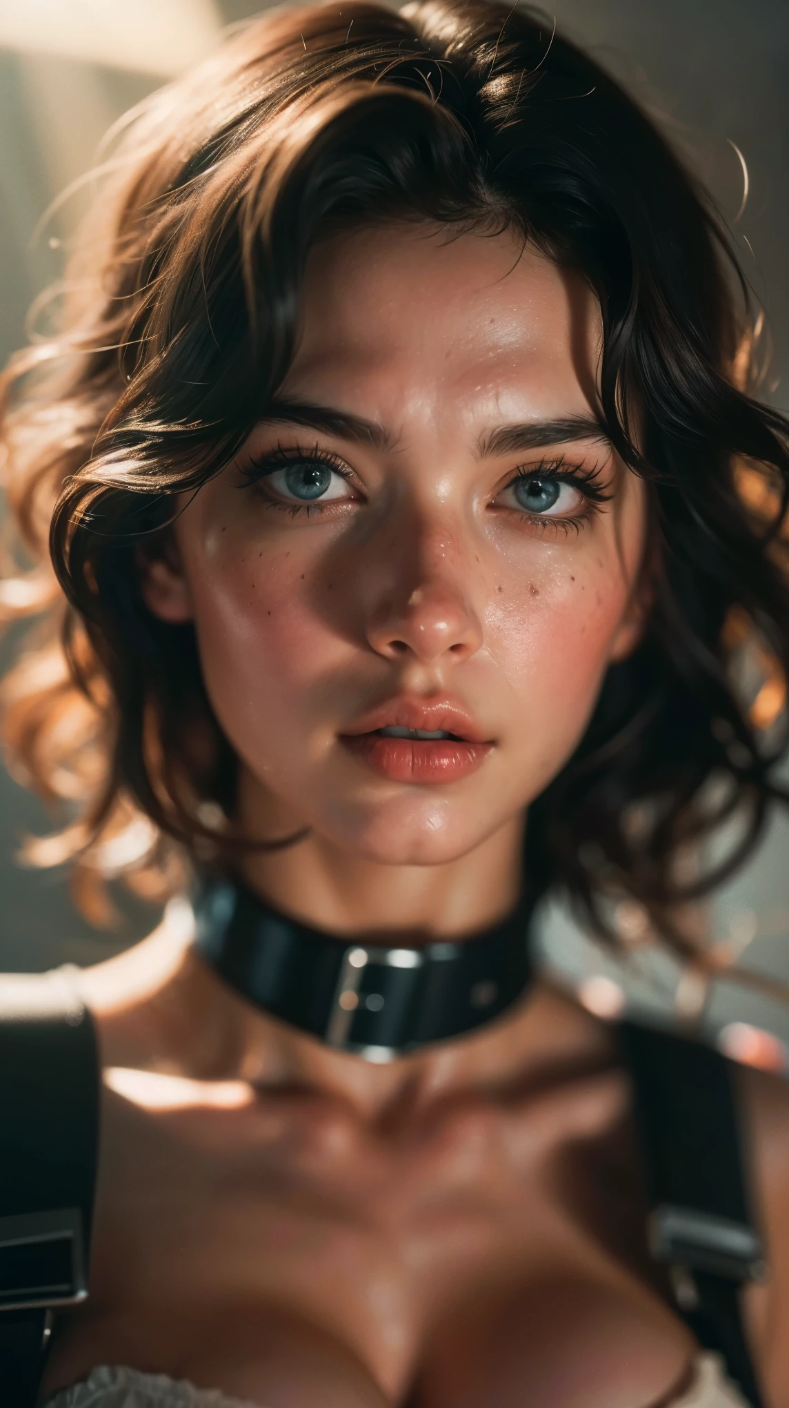 (((ultra realistic))) Photo, masterpiece, top quality, (pale skin), (Ultra detailed face and eyes:1.3), 1 girl, (Eye makeup, mascara) , (large detailed lips), ((Dark wavy hair)), ((Chyolka)) , (Natural breasts). ((Posing)), photoshoot, studio (Contour lighting), (The play of light and shadows), depth of field, bokeh, (special attention to skin detail: 1.2), Detailed leather texture, skin pores. (Dark and gloomy atmosphere of the frame. Color range - pink, Gray, ash tones), ((Film grain, VHS effect)), ((rays)) , ((flare)), ((belt, close to the camera, )) , ultra detialed,