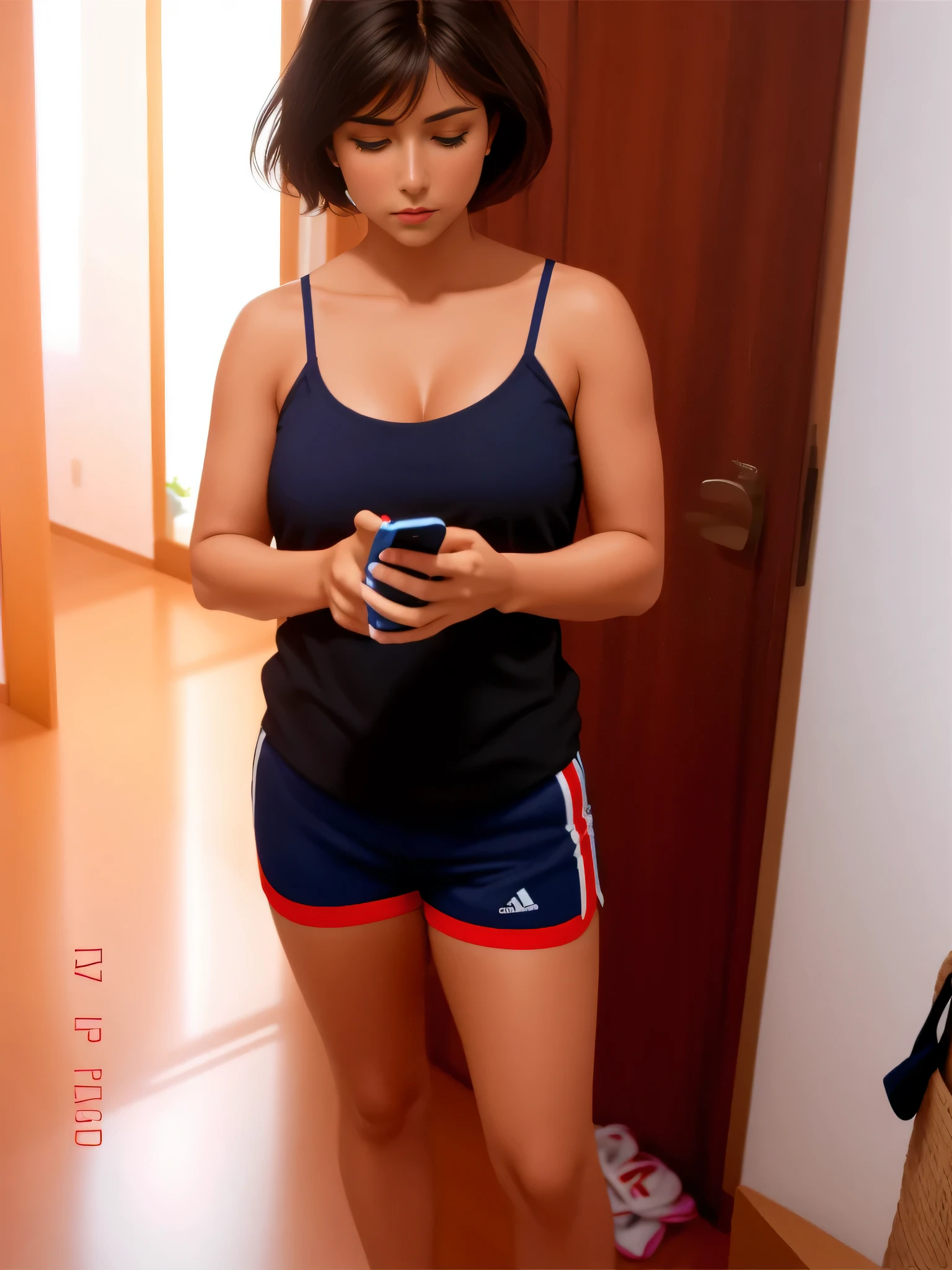 Uma mulher com pele branca bronzeada e cabelos escuros. There is a woman standing in a room looking at her cell phone, thin strap t-shirt, shorts azul escuro com listra lateral vermelha, foto adequada, (38 anos), sport bra and shorts. high resolution, alta qualidade, obra de arte, 8k.