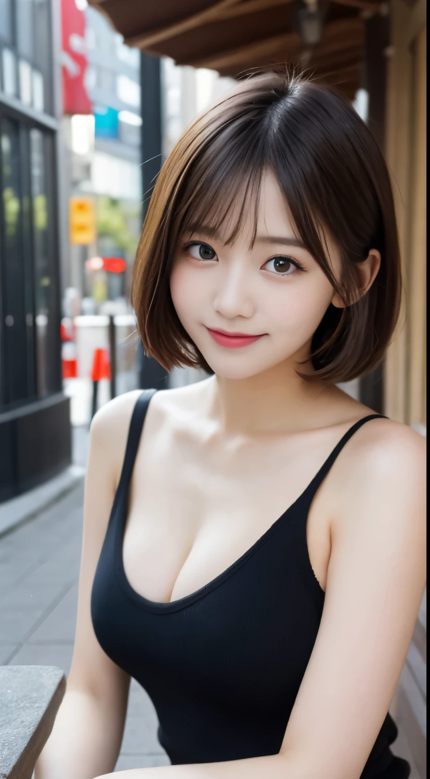 nsfw,table top, highest quality, figure, super detailed, finely, High resolution, 8k wallpaper, 完璧なダイナミックな構figure, beautiful and fine eyes, ladies' fashion,very short hair,small breasts natural color lip, bold sexy pose,smile,Harajuku、20 year old girl、cute、sexy shot looking at camera