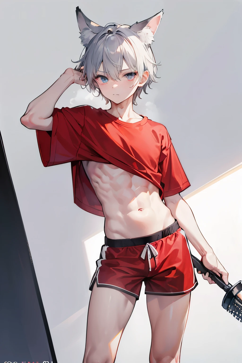 Wallpaper phone,masterpiece,best quality,8K quality,unparalleled clarity,best strokes,full body character,panoramic,telephoto lens, delicate face,Boys have very delicate fingers,sports student,Handsome boy,charming,,Shota,abdominal muscles(0.5),anime characters,white fox ears,heterochromatic eyes,look at the audience,sneering,male focus,Gray hair is messy,Take a shower in the shower,not wearing tops,Wearing only red shorts,standing posture,The crotch is raised,Place a hand on your face,Look from the bottom up,Clear background image