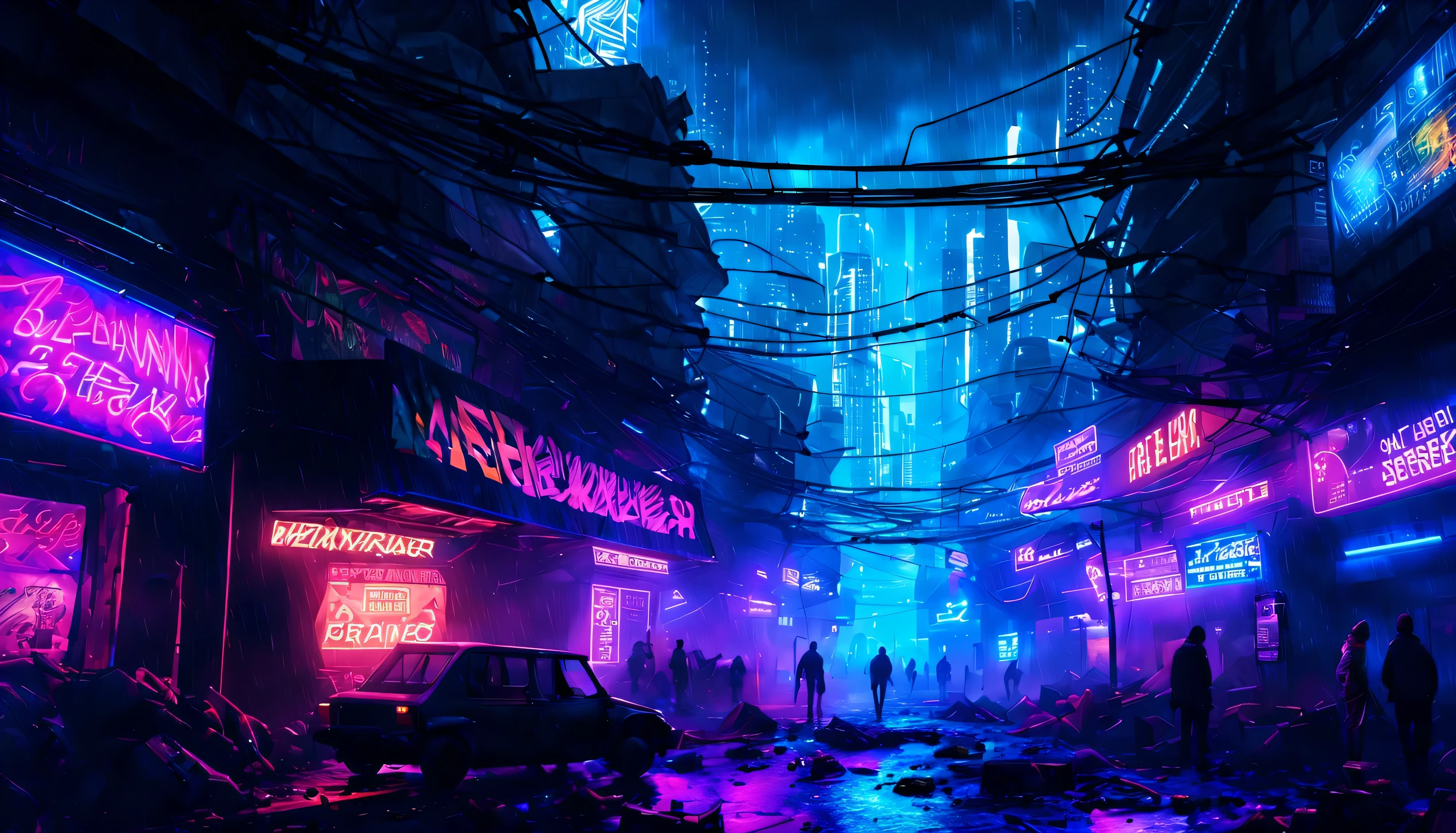 (best quality,4k,8k,highres,masterpiece:1.2),ultra-detailed,realistic:1.37,cyberpunk,densely packed,slums city,crowded skyscrapers with neon signs,stacked buildings,dark alleyways,hovering vehicles,flickering lights,high-tech gadgets,hovering drones,grimy streets,smoke-filled air,crumbling infrastructure,graffiti-covered walls,glowing cybernetic implants,masked individuals,heavy rain pouring down,steaming manholes,abandoned factories,backstreet markets,holographic billboards,electronic screens displaying advertisements,mysterious figures in trench coats,shadowy figures lurking in the shadows,dystopian atmosphere,intense pollution,artificial intelligence surveillance systems,electricity arcs,streets filled with cables and wires,cybernetic enhancements,technology-centric society,dank and dirty tunnels,imposing skyscrapers towering over slums,metallic structures,juxtaposition of luxury and poverty,retrofuturistic aesthetics,nightmarish yet captivating ambiance,colorful glow of neon lights.