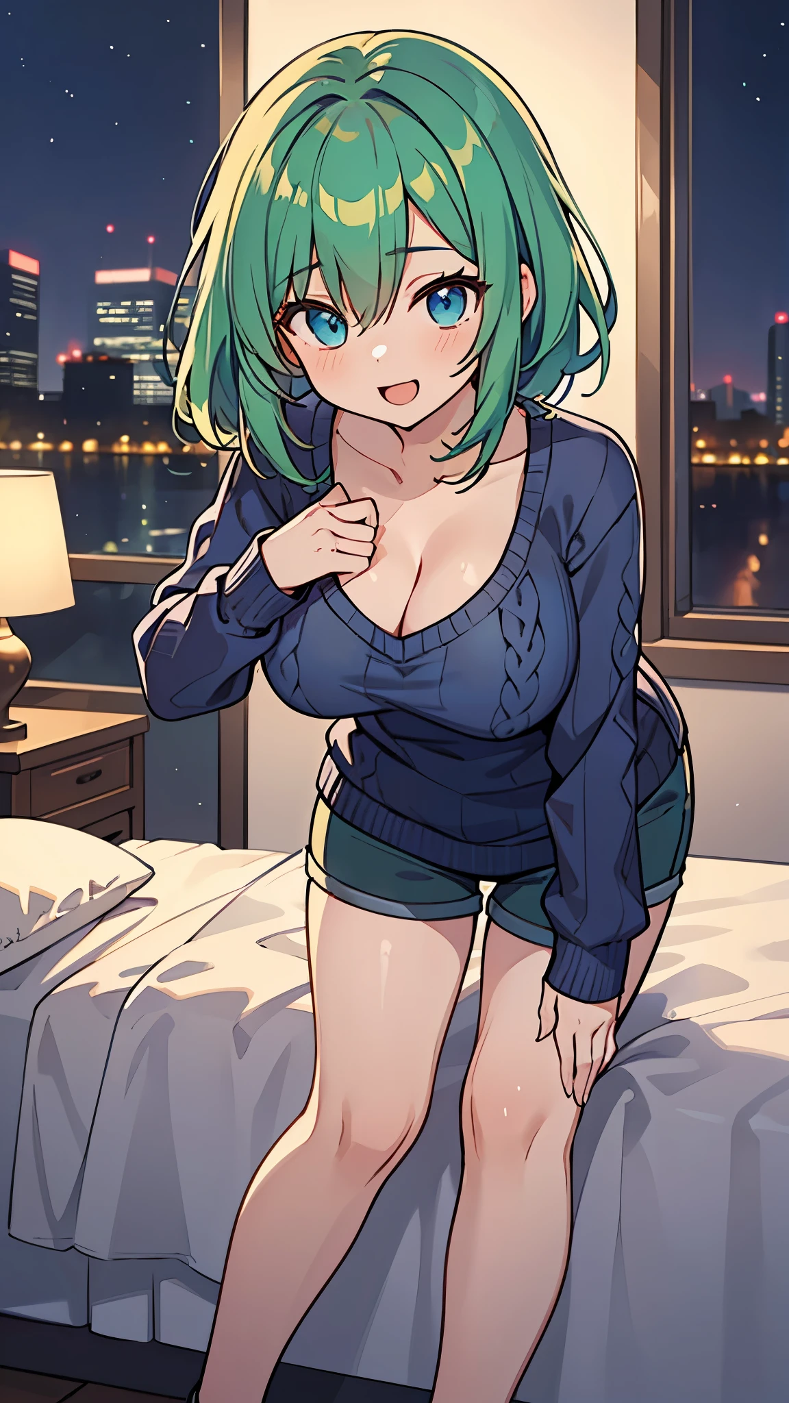 ((A Pretty girl with green hair and blue eyes)), ((Wearing knit sweater and hot pants)), , ((master piece, top-quality, ultra-definition, high resolution)), anime girl, ((ultra-detailed illust:1.2)), only one person, bangs, hair between eye, beautiful hair, Shiny eyes, Super colossal breasts, cleavage of the breasts, leaning forward posture, Big smile, opened mouth, night cityscape, in the bedroom