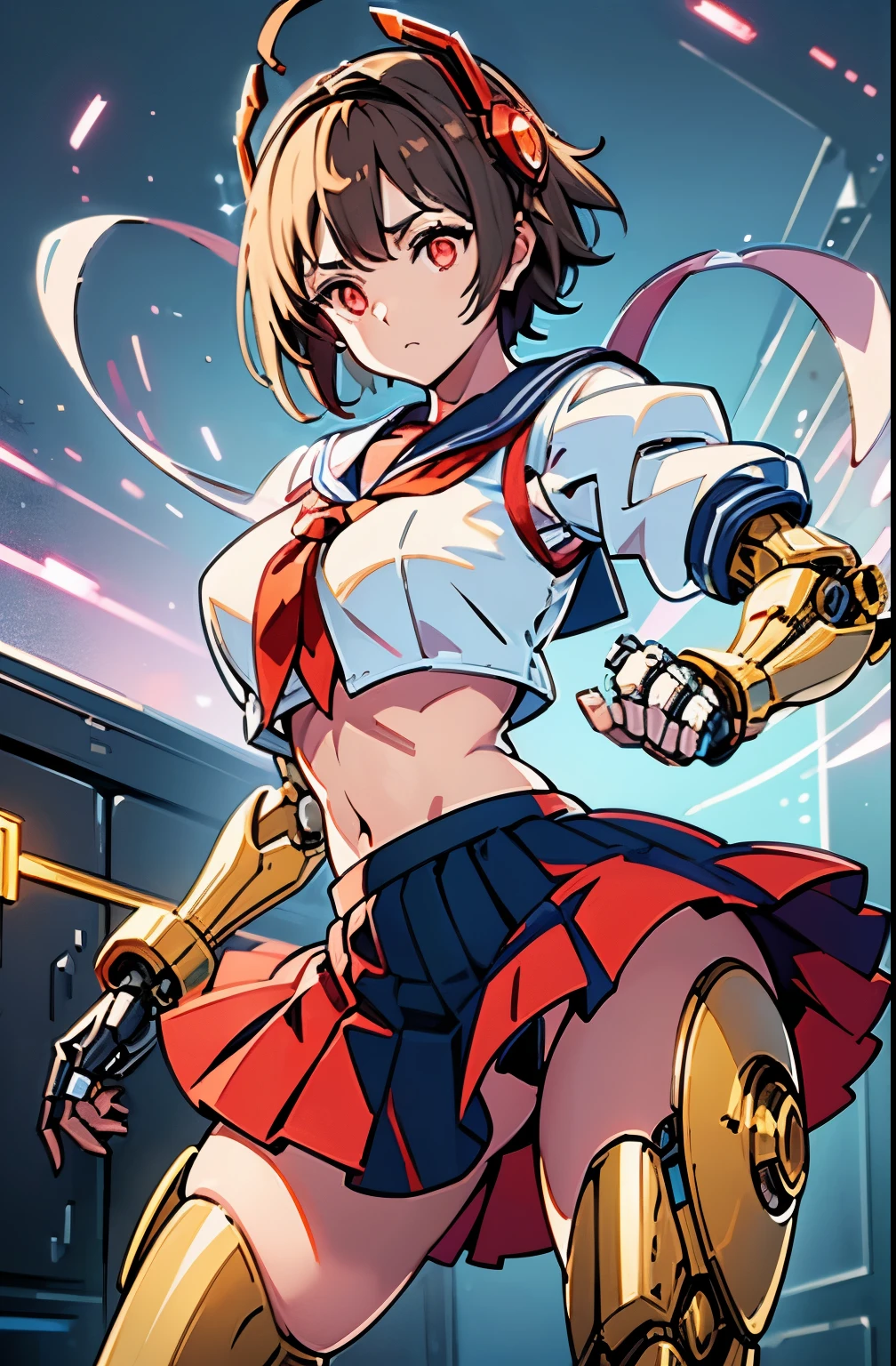 1girl solo,Standing depiction、(Large symmetrical mechanical wing:1.6)、((kasugano sakura:1.3))、(symmetrical mechanical headgear:1.6)、Beauty Cyborg, Cyborg - beautiful woman with brown short bob hair perfect anime cyborg woman, cute cyborg beauty, beautiful cyborg beauty, cyborg girl, (Perfect android beauty), (The perfect cyborg woman), (Cyborg - Girl), (beautiful female cyborg)、 beautiful white girl cyborg, beautiful female android, Beautiful and attractive female cyborg、walk、full body description、(Mechanical sailor suit:1.5)、(mechanical ruffle skirt:1.5)、((Combat readiness))、(glowing red mechanical eyes:1.9), brown hair, short hair, bangs, Ahoge,(head band), ((Gray uniform:1.4)), puffy sleeves, crop top, yellow neckerchief, ((gray skirt:1.4)), fingerless gloves, thighs thighs, white socks, red footwear,Expressionless、(table top, highest qualityの, highest quality, beautiful and aesthetic: 1.2), very detailed, more detailed,Proper body proportions,table top,Ultra high quality output image,High resolution,intricate details,very delicate and beautiful hair,realistic pictures,dream-like,professional lighting,realistic shadow,focus only,anime one、discovery stance, punching, discovery,raise one leg、Anime one