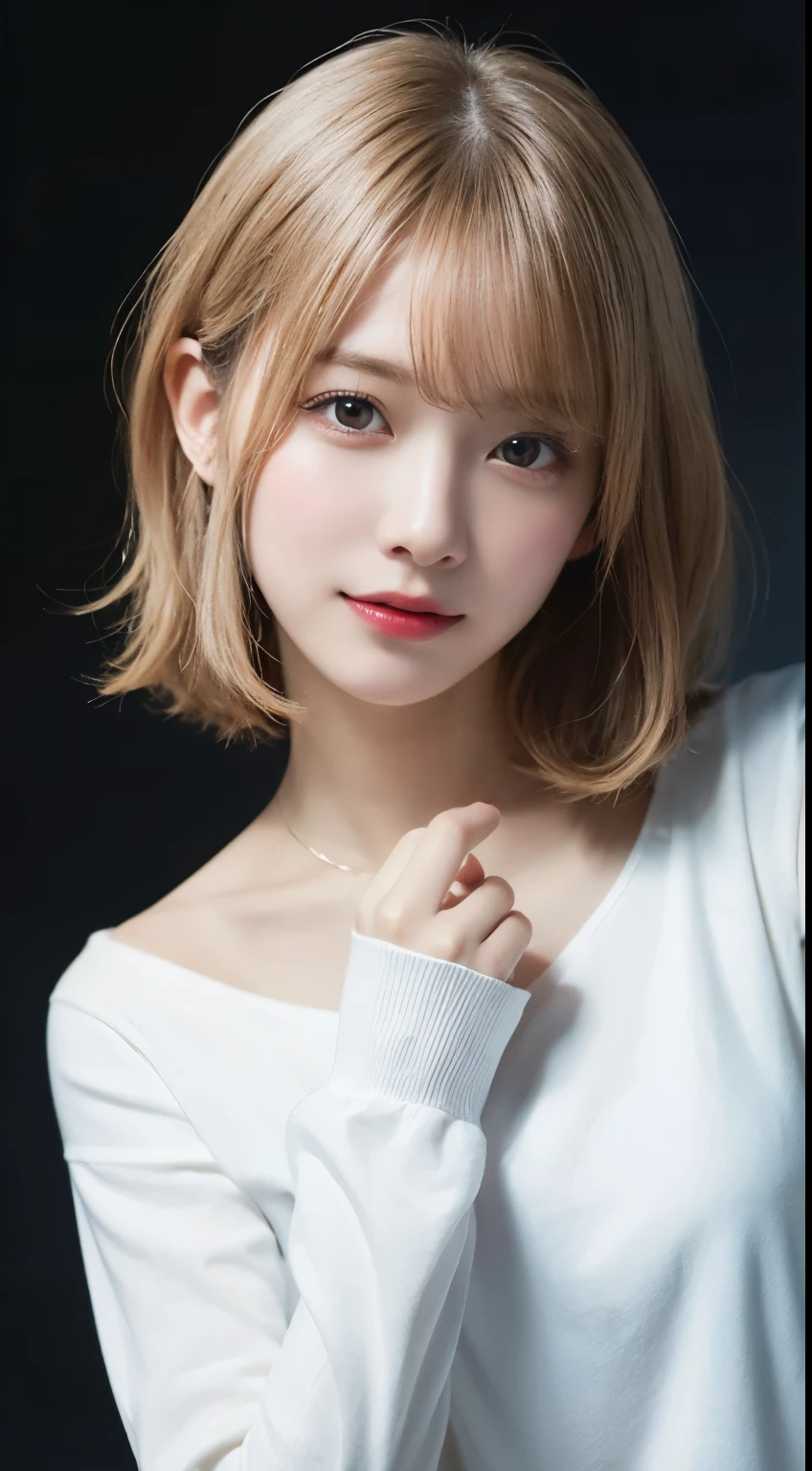 random pose, mix 4, (8K, Raw photo, highest quality, masterpiece: 1.45), (realistic, Photoreal: 1.37), one girl, cute, laughter, professional lighting, Plain color,photon mapping, radio city, Physically based rendering, gradient blonde hair, gray hair, very short hair,gal,Handsome, with a girl,Long-sleeved shirt,highest qualityの写真, High resolution, 1080P, (clear face), (Detailed facial description), (detailed description of hands), (masterpiece), lively, extreme light and shadow, messy hair, masterpiece, rich details, (detailed facial features), (highest qualityの写真), (masterpiece), (finely tuned), dual、look in front of you, thin clavicle,white simple background