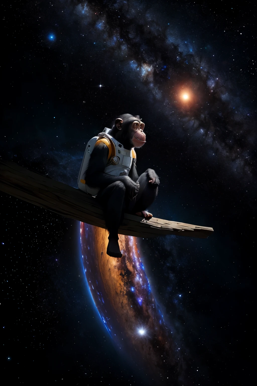 A 3/4 perspective view of a chimpanzee in an intriguing setup: wearing thick acetate spectacles, a quirky addition to its expressive face, and dressed in an astronaut suit sans helmet. Floating serenely in an atmosphere reminiscent of Interstellar, this adorable primate gazes up at the sky, captivated by the sight of a brilliant galaxy. The solar system's planets, suspended in the background, add to the breathtaking scene. Hiroaki Hashimoto's distinctive style, characterized by stunning detail and vibrant colors, brings this otherworldly moment to life in 8K resolution, leaving us in awe of this