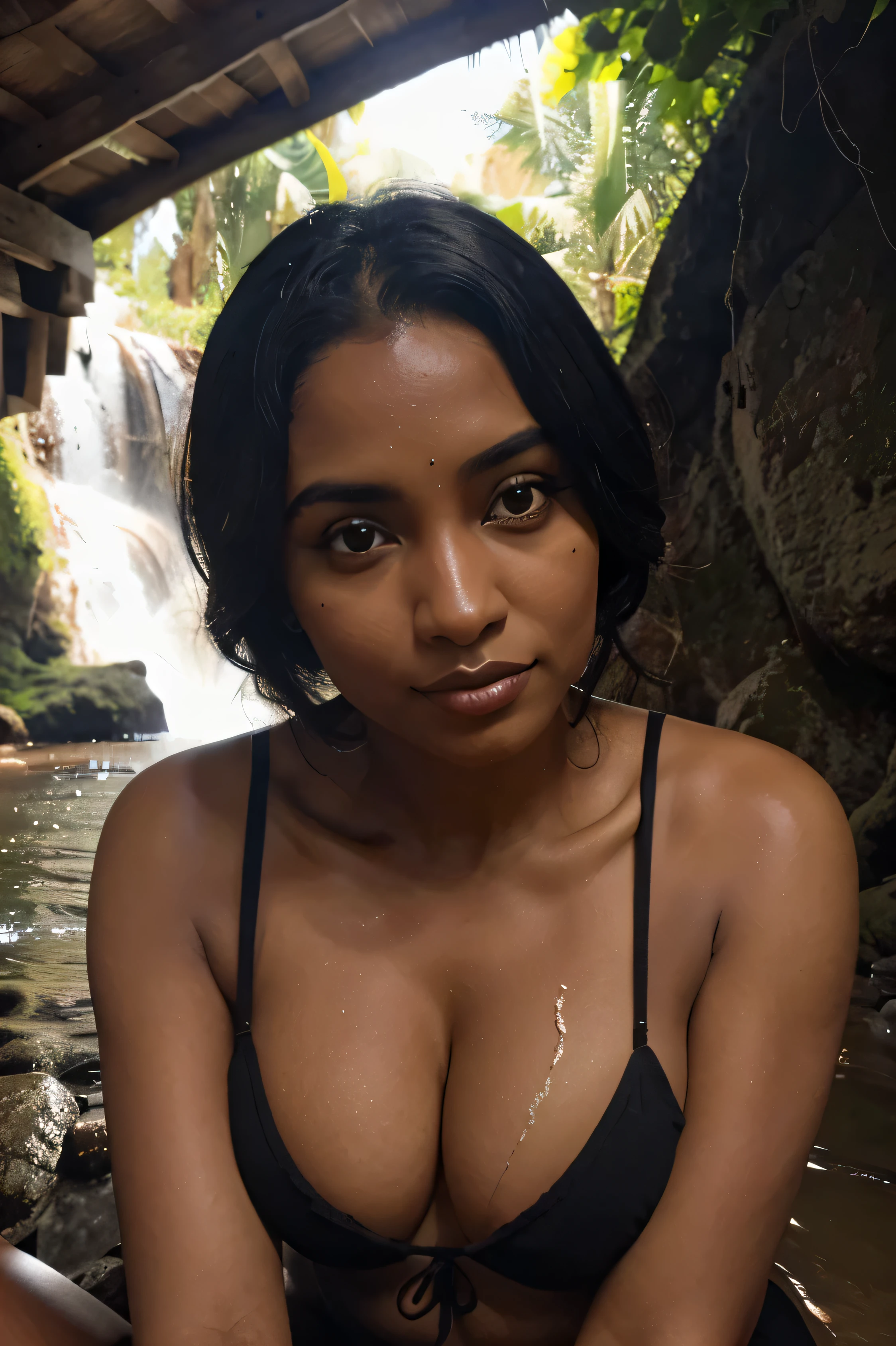 mulher madura negra cor de chocolate com roupa preta a beira de uma cachoeira com sol iluminando seus cabelos cacheados