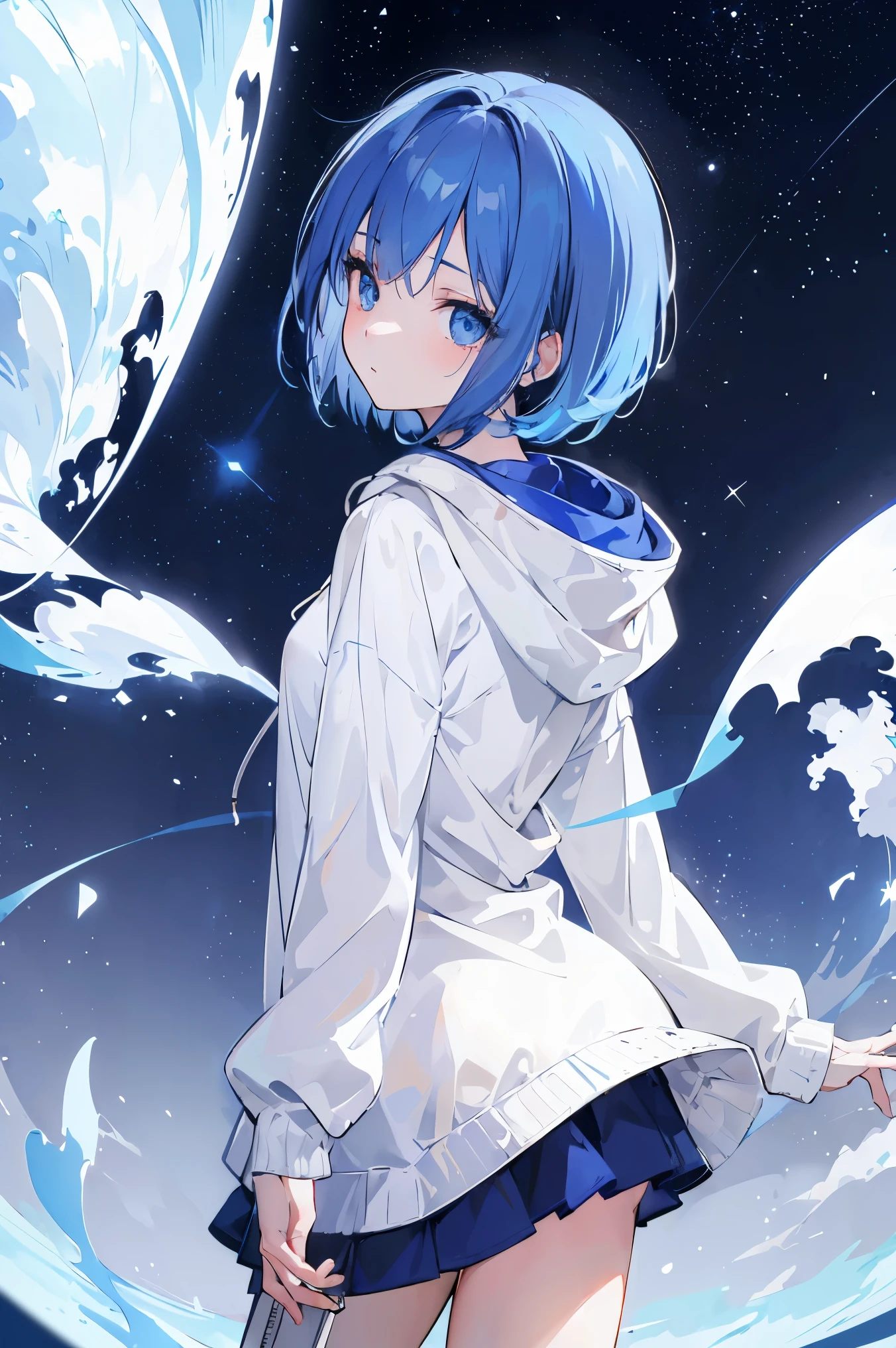 (masterpiece,Delicate and beautiful eyes: 1.2),(No line drawing:1.2),1 girl,backlight,look back,blue hair,Bob Carter,white hoodie,earphone,Sky,starry sky,,side fringe
