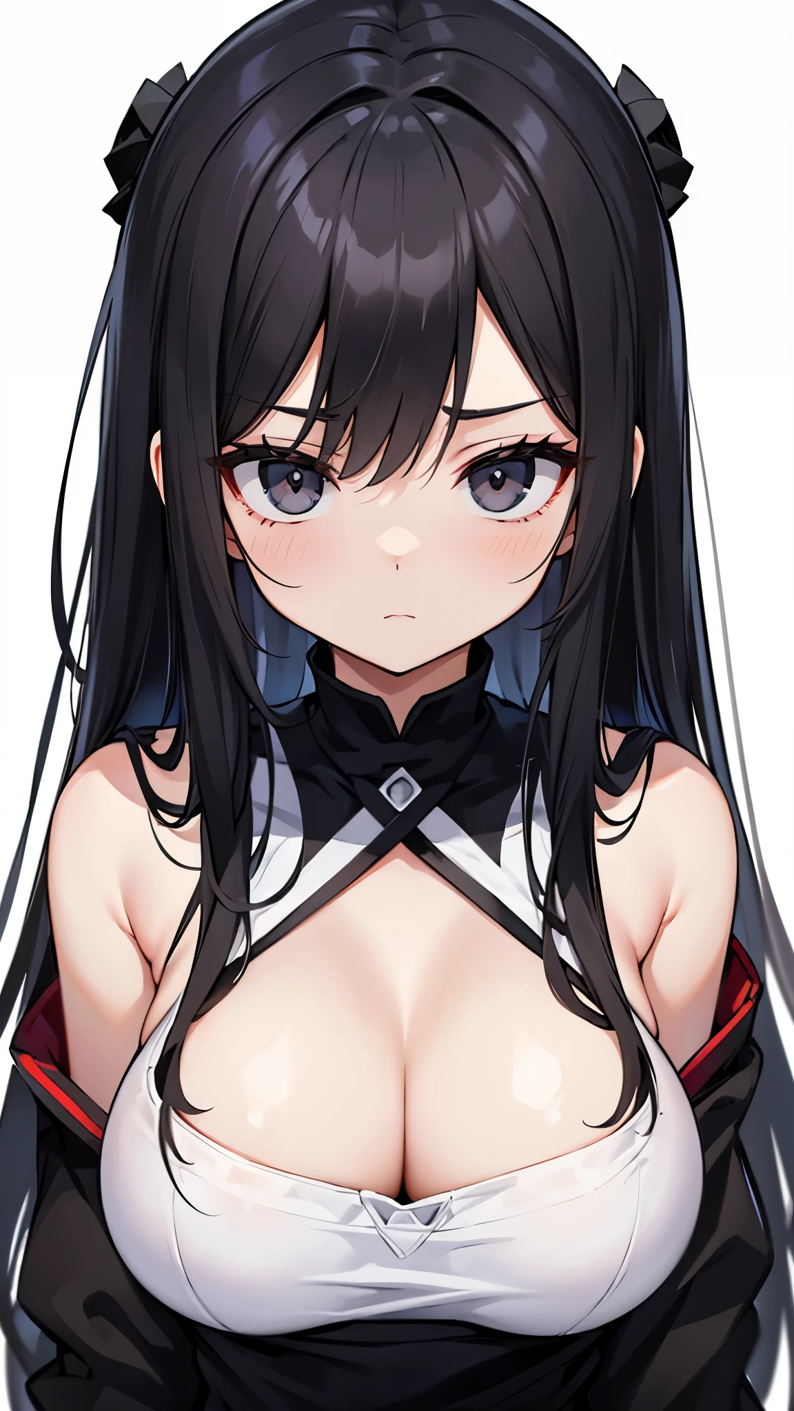 older sister、Turn here、she looks indifferent、、Clothes with less area、big breasts hair、black eyes、Head close-up、There is a white space above my head、pure white background
