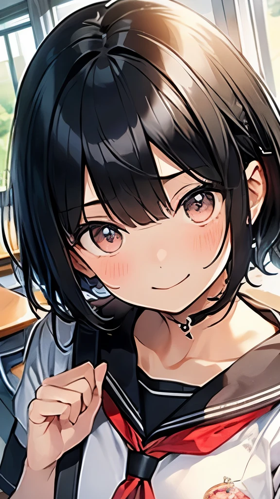 soaked、Hair is black、energetic high school student、18old girl、hair cut short、cute、In summer clothes、Sarah Clothes、eyes are black、In the classroom、soaked、smile