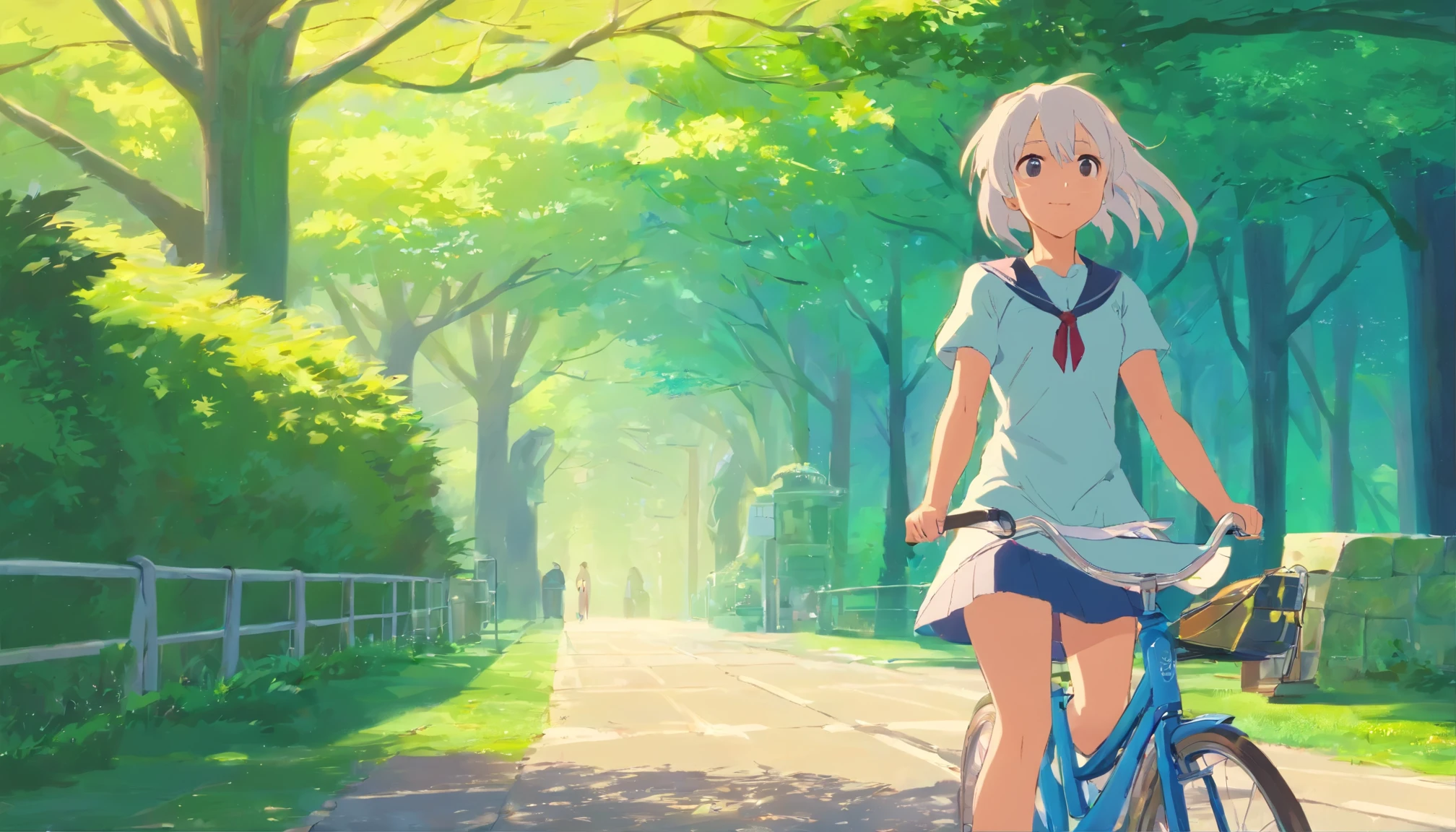 best qualtiy, tmasterpiece, 超高分辨率, realisticlying, 1 girl,(long white hair),Heterochromic pupils,(ssmile)(Riding a bicycle),shift dresses,athletic sneakers,parks,wide angles