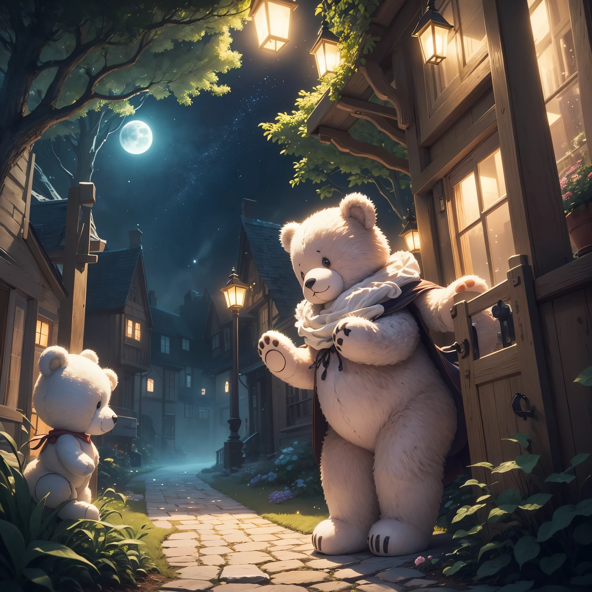In the heart of a moonlit garden, a captivating teddy bear comes to life. With toy animals as companions, they frolic around, each one boasting the most realistic fur, soft and fluffy, inviting touch. Playful expressions and poses add to their charming allure, their vibrant colors standing out under the sparkling stars in the night sky. The enchanted atmosphere is accentuated by the storybook illustration style, with its soft pastel tones and warm, cozy lighting. A world of magic and wonder unfolds, where teddy bears and their friends come together, ready to embark on new adventures.