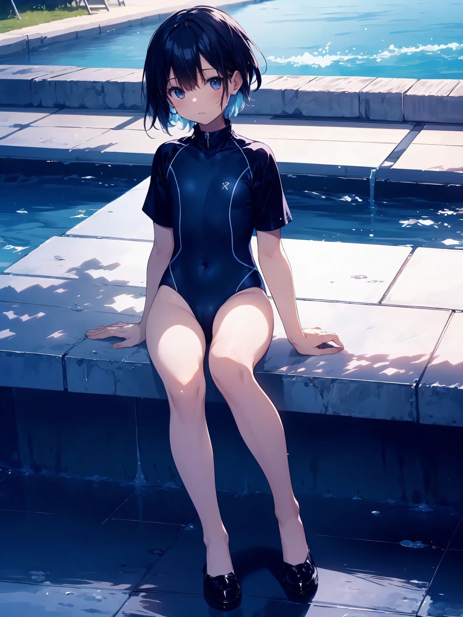 Super high quality by the art god, super detailed, High resolution, Shinkai Makoto style, anime moe art style, best anime 8K konachan wallpaper, pixiv contest winner, perfect anatomy, break,(学校指定の水着を着てプールサイドのベンチにalone眠そうに座っている女の子の絵を描いてください.),break, girl in surreal swimsuit, (alone,lolita, , :1.3),All limbs, full finger,, androgynous charm, (very short hair), wet hair, small round breasts,slender body, small ass, between legs, Small black eyes,hanme,beautiful and fine eyes, Well-proportioned iris and pupils, sleepy eyes, High resolutionの詳細な髪, wearing a swimsuit,in  School pool. break,super dense skin, shiny skin, Best lighting by famous artists, 8K, figure,UHD, rough skin
