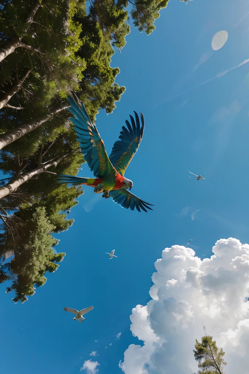 high resolution, parrot in the sky flying and trees at the bottom of the image with blue winter sky