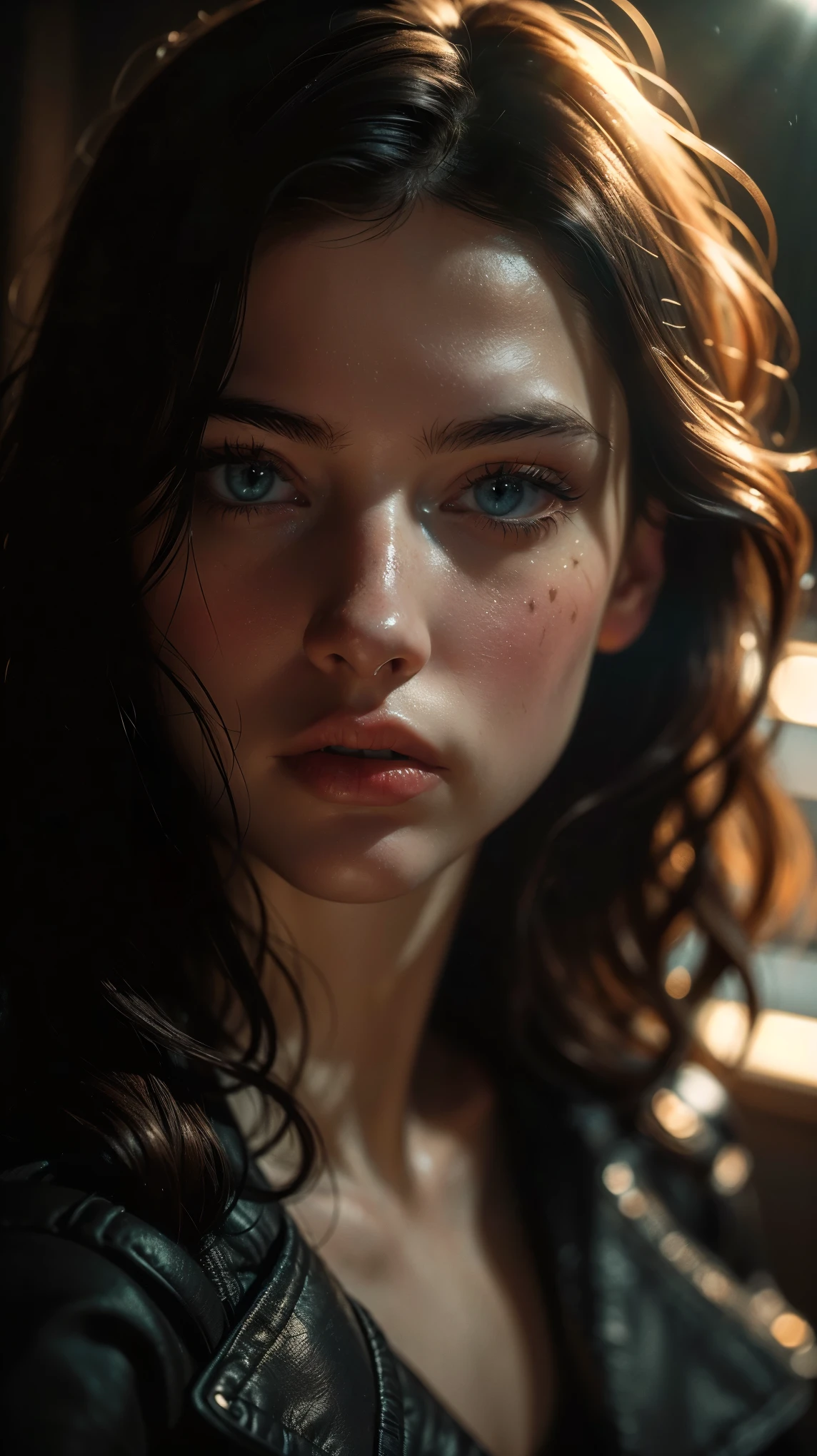 (((ultra realistic))) Photo, masterpiece, top quality, (pale skin), (Ultra detailed face and eyes:1.3), 1girl in a raincoat, rectangular face shape, (Eye makeup, mascara) , ((large detailed lips)), ((Dark wavy hair)), ((Chyolka)) , (Natural breasts). ((Posing)), photoshoot, studio (Contour lighting), (The play of light and shadows), depth of field, bokeh, (special attention to skin detail: 1.2), Detailed leather texture, skin pores. (Dark and gloomy atmosphere of the frame. Color scheme - warm tones), ((Film grain, VHS effect)), ((rays)) , ((flare)), ((waist up portrait)) , ultra detialed,